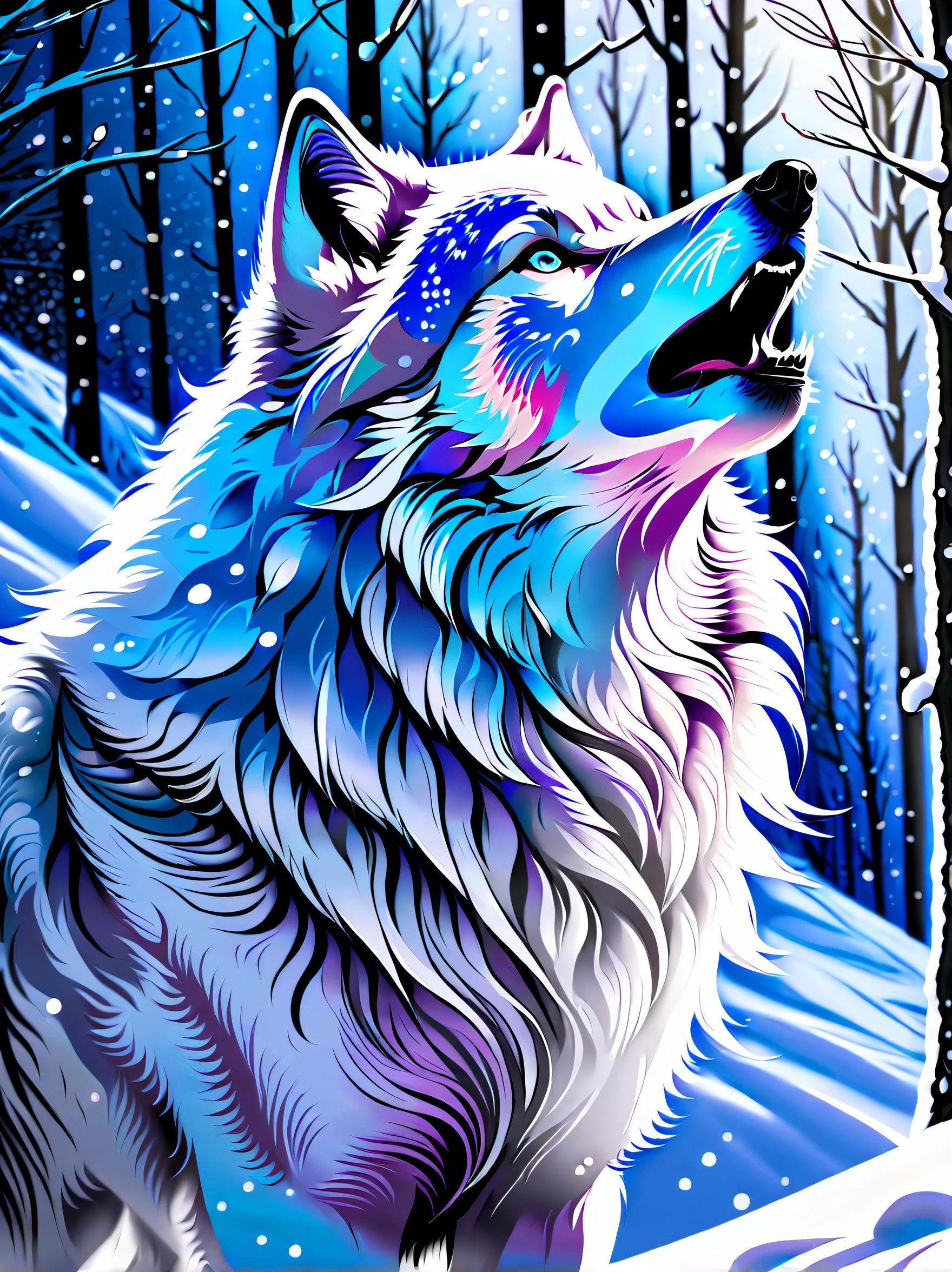 A majestic high-quality white wolf stands on the top of a snowy mountain。, (dimly glowing fur:1.2), (((Diamond dust that shines beautifully is made of fine ice crystals.:1.4))), (((Effect coating of howling wind and swirling snow:1.5))), (((Psychedelic nebula castaway with dark rich colors, In the style of snowcore and eternal fantasy, Cool tones, Beautiful detail glow, (((highly intricate detail:1.4))), (((Intricate and insanely detailed snow:1.3))), Conceptual contrast, Complex surface details, Best Quality, Beautiful detailed eyes, Movie-like realistic gel feel_Ink Rendering. Detailed drawing, Absurd resolution, (((super fine details:1.3))), (Complex insane detail coloring:1.3), (precise detail painting:1.3),