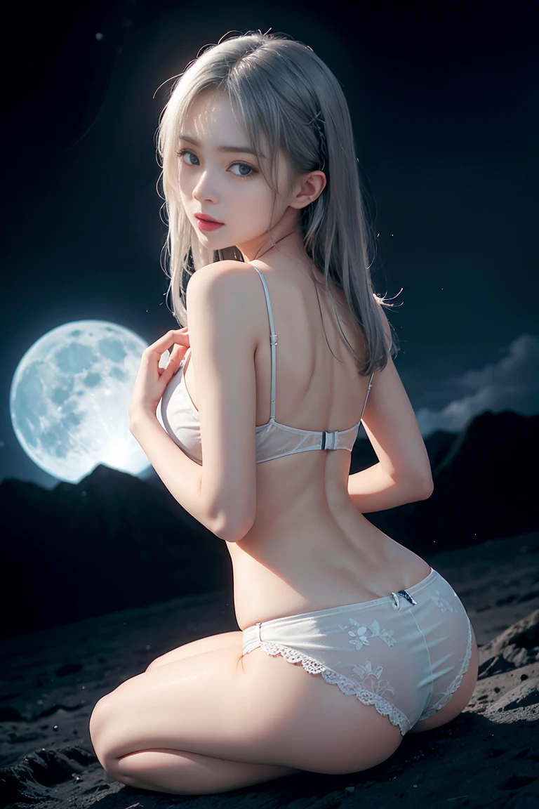 realisticlying, hight resolution, 1 rapariga, Silver hair, Korean people, e Blue Eyes, Lace-up panties,Beads of sweat dripped down my buttocks,on the moon,Large chest,Wide buttock,Visible on the back, Angle from behind, Your ass,kneel down on the ground,Look into the camera,ssmile,wide wide shot,Cinema Lens,Skin glow,