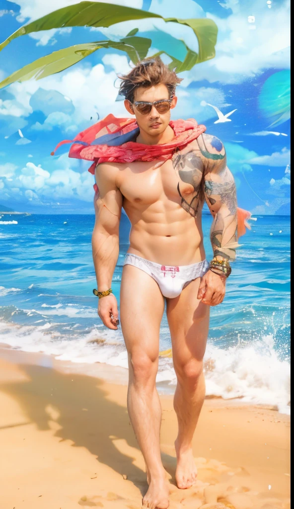 1 guy, beach, walking, shirtless, revealing white underwear