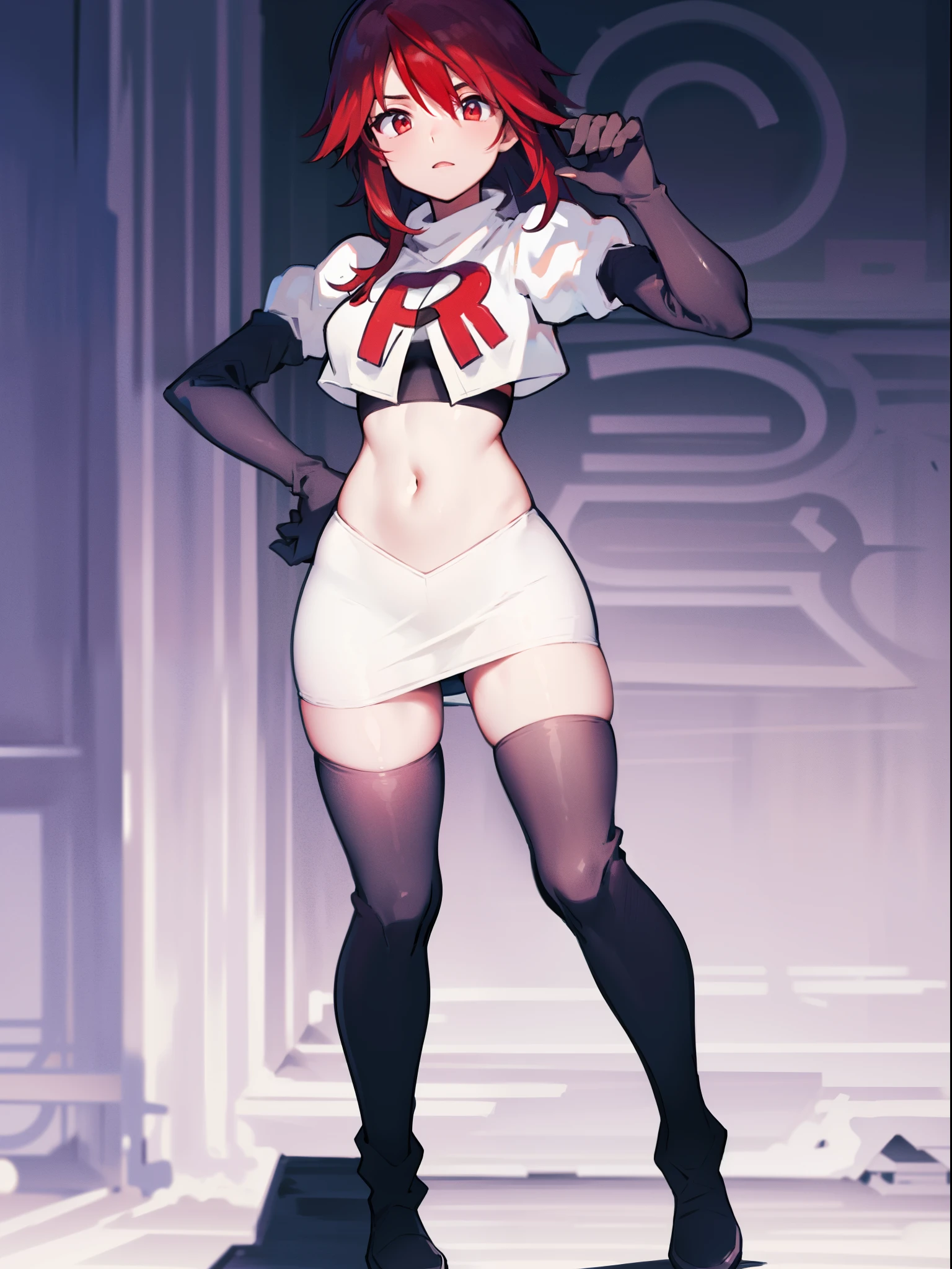 rosariarnd, team rocket,team rocket uniform, red letter R, white skirt,white crop top,black thigh-highs,black elbow gloves