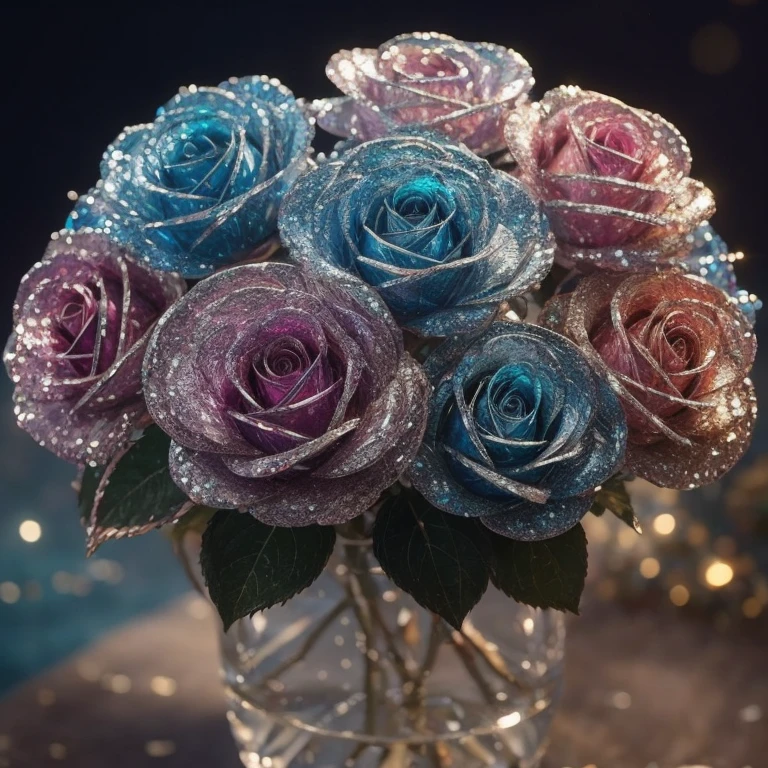 Crystal roses, galaxias, cleanness, glittery, Splendor, Colorful, enchanting, sparkling, intricate, Amazing photography, dramatic lighting, photo-realism, ultra-detailed, 4K, depth of fields, A high resolution