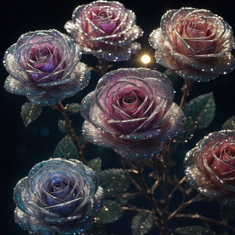 Crystal roses, galaxias, cleanness, glittery, Splendor, Colorful, enchanting, sparkling, intricate, Amazing photography, dramatic lighting, photo-realism, ultra-detailed, 4K, depth of fields, A high resolution