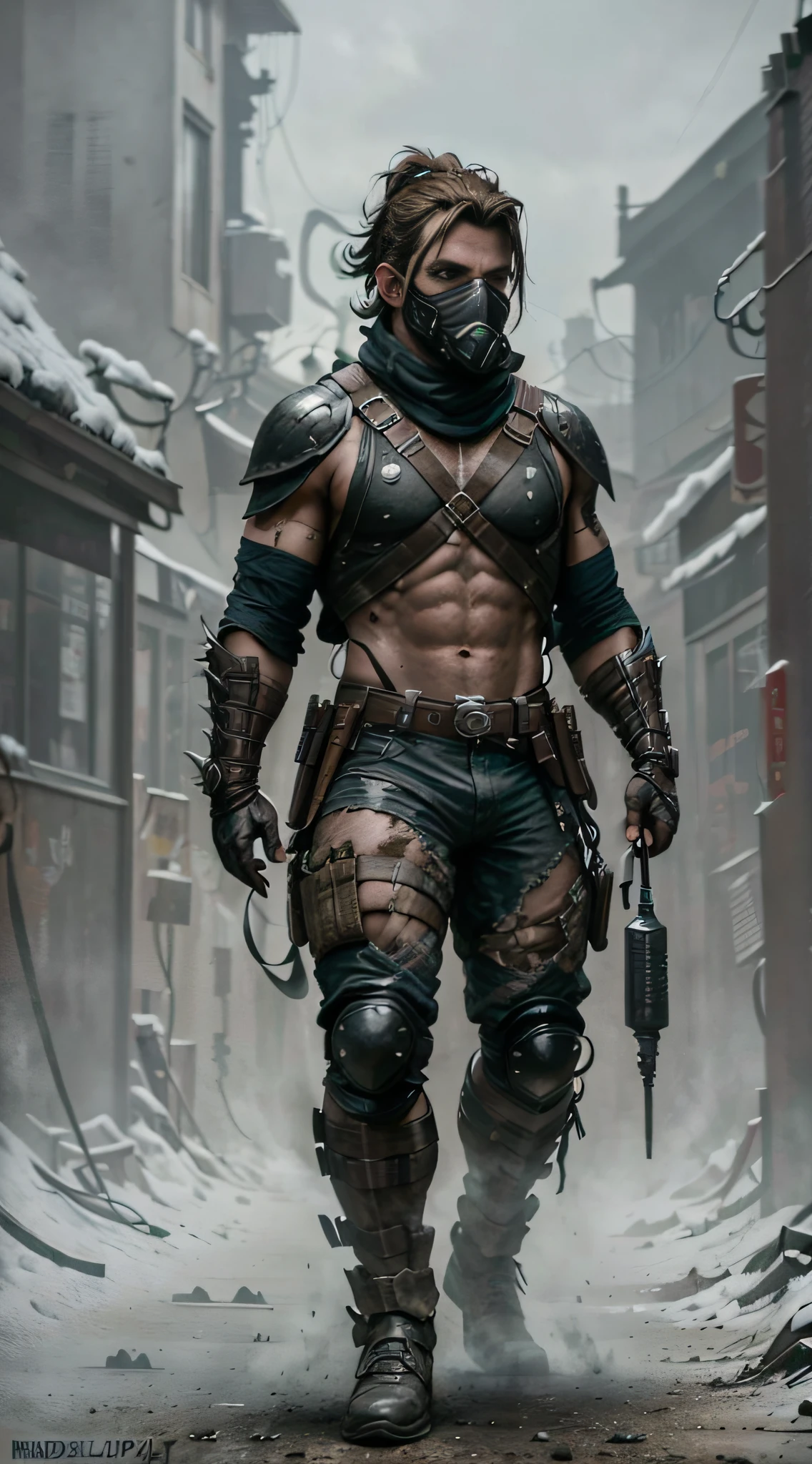 ((Bradley Cooper)) as Kabal from Mortal Kombat, solo, short ponytail, (face covered by a respirator:1.2), wears a wasteland outfit, (wields hooks:1.2), (cowboy shot), (full body view), (full body render), intricate, high detail, sharp focus, dramatic, photorealistic painting art by greg rutkowski