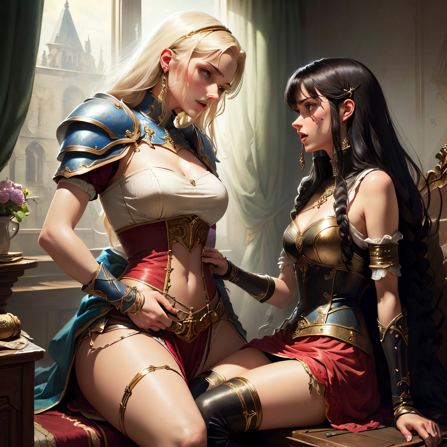 2 blonde warriors, armor, medieval fantasy, D&d, RPG, ultra realistic, ultra detailed, best quality, 8k, wallpaper, steel breastplate, steel gauntlets, steel gloves, both front, both sitting with open legs showing the panties, both short skirt, upskirt, kissing, both tiny panties, white panties, thong calciha, panty view,  thong, cameltoe, pantyshot, raw, nsfw,