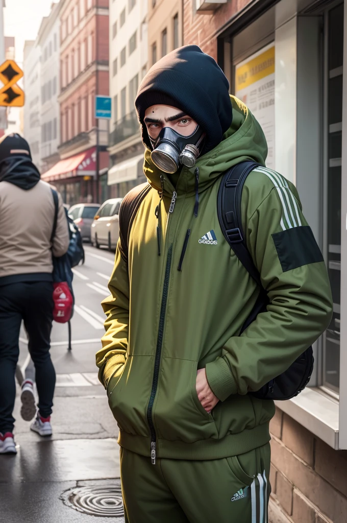 Slavic man in adidas and gas mask