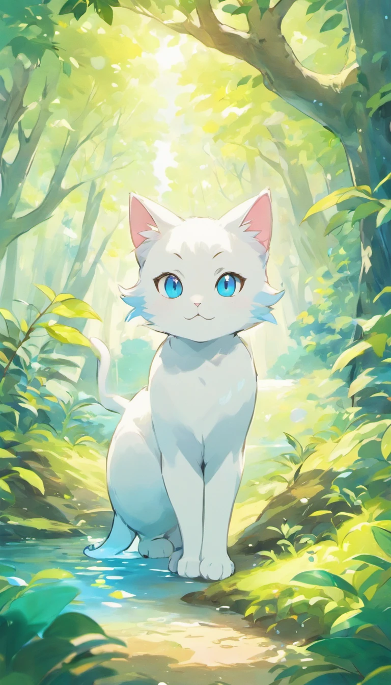 White cat、Blue eyes、sidelong glance、Inside a fantastic forest with a large lake in the background、Elegance、narrow her eyes、Fantastical、hali々and has、Condescending、Go straight towards the tree branch