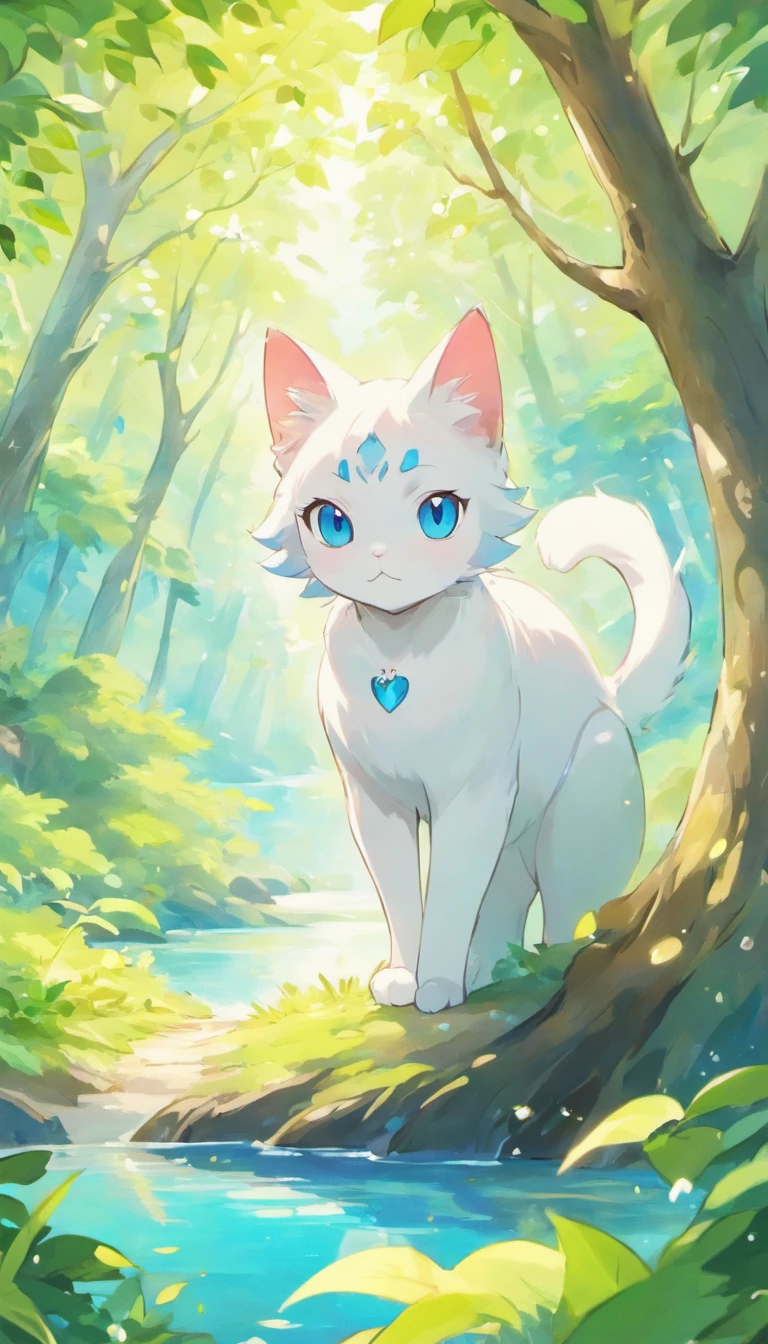 White cat、Blue eyes、sidelong glance、Inside a fantastic forest with a large lake in the background、Elegance、narrow her eyes、Fantastical、hali々and has、Condescending、Go straight towards the tree branch
