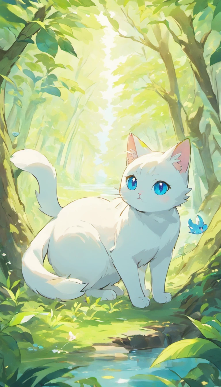 White cat、Blue eyes、sidelong glance、Inside a fantastic forest with a large lake in the background、Elegance、narrow her eyes、Fantastical、hali々and has、Condescending、Go straight towards the tree branch