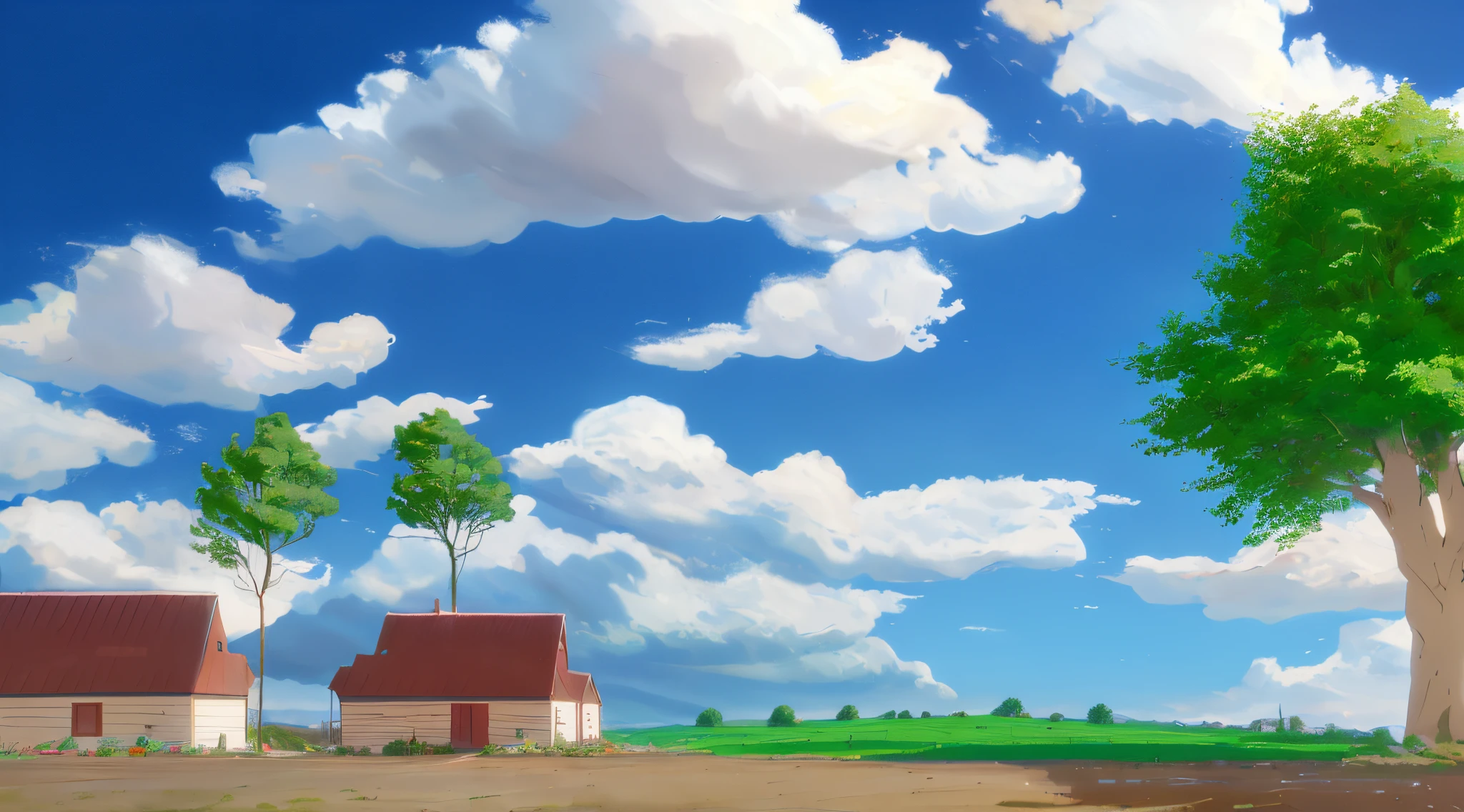 a close up of a house and a tree on a dirt road, anime countryside landscape, random background scene, farm background, distant village background, house background, anime landscape, beautifull puffy clouds. anime, countryside, made with anime painter studio, anime scenery, skybox, cartoon digital painting, studio ghibli sky, painted in anime painter studio, sunny environment, landscape illustration