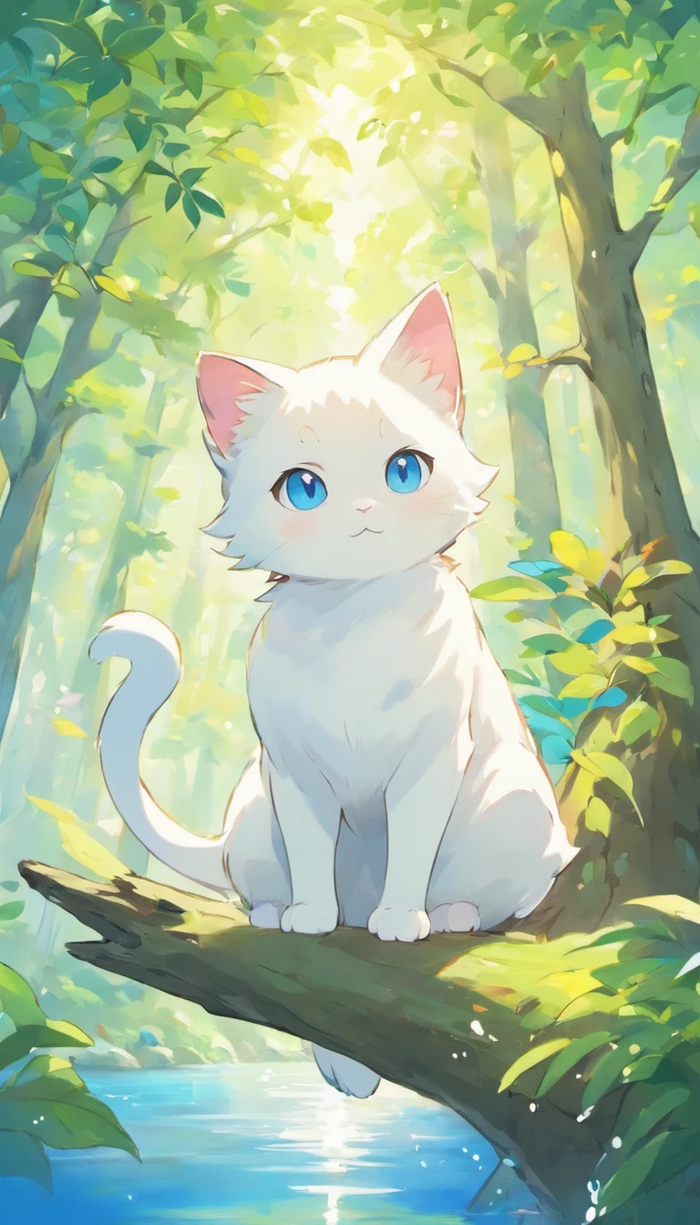 White cat、Blue eyes、sidelong glance、Inside a fantastic forest with a large lake in the background、Elegance、narrow her eyes、Fantastical、hali々and has、Condescending、Go straight towards the tree branch