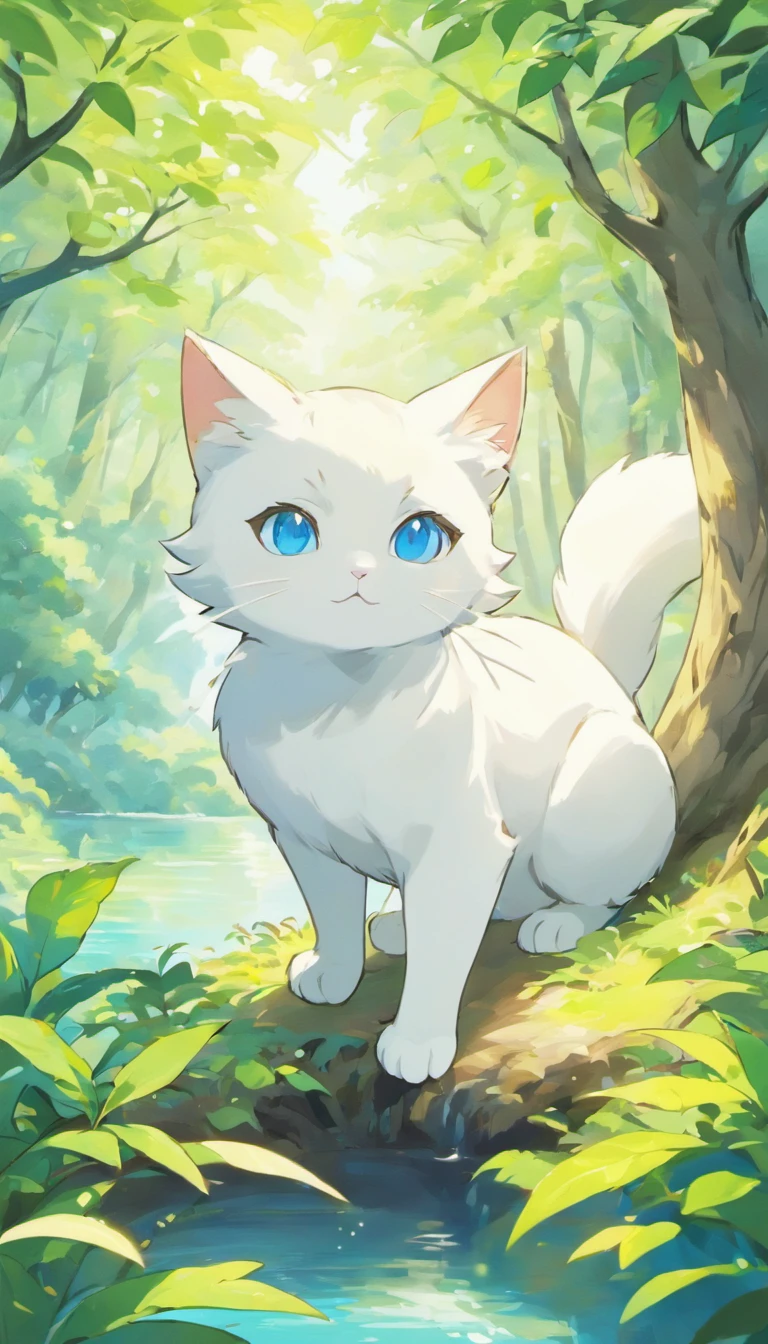 White cat、Blue eyes、sidelong glance、Inside a fantastic forest with a large lake in the background、Elegance、narrow her eyes、Fantastical、hali々and has、Condescending、Go straight towards the tree branch