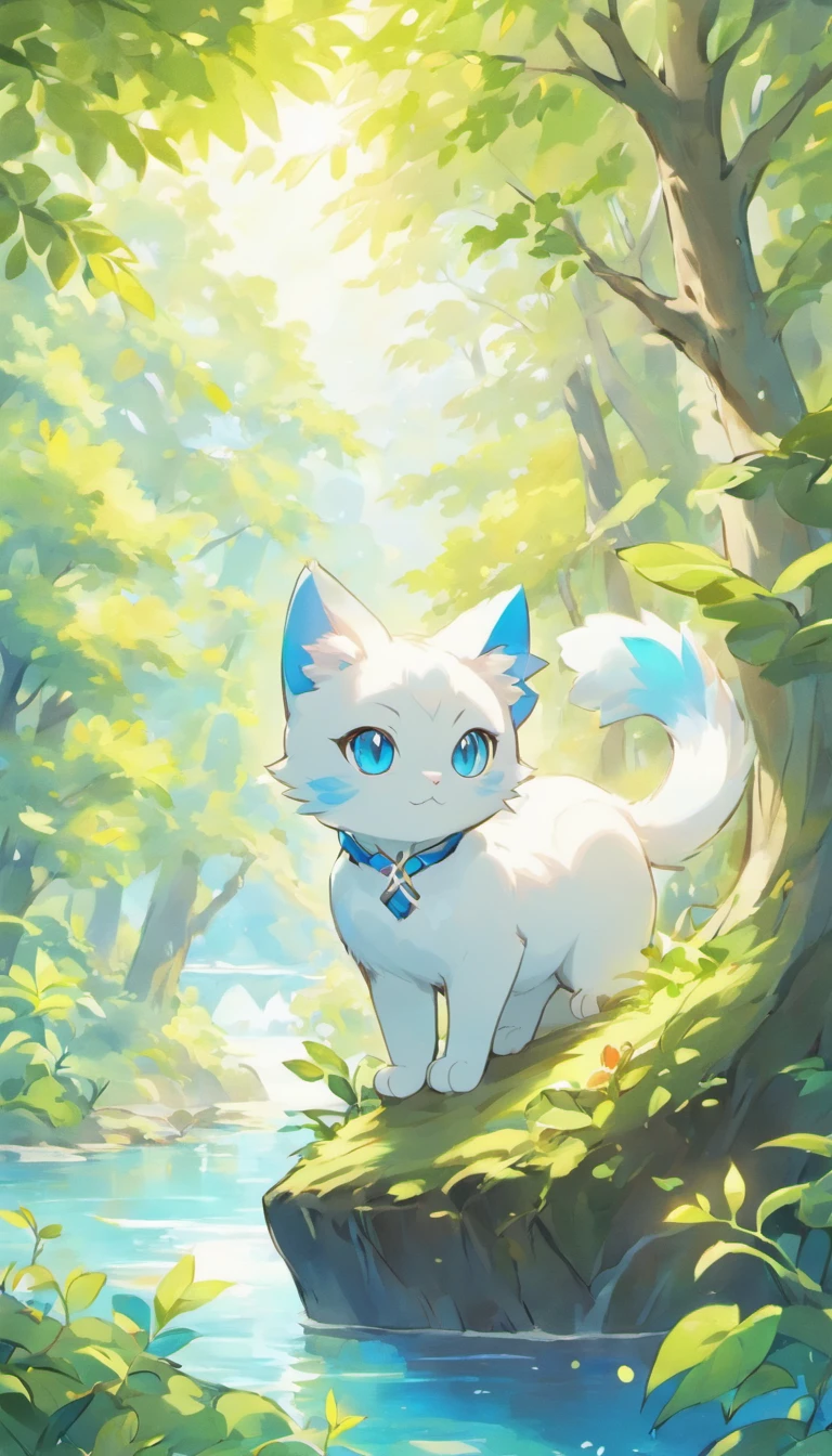 White cat、Blue eyes、sidelong glance、Inside a fantastic forest with a large lake in the background、Elegance、narrow her eyes、Fantastical、hali々and has、Condescending、Go straight towards the tree branch