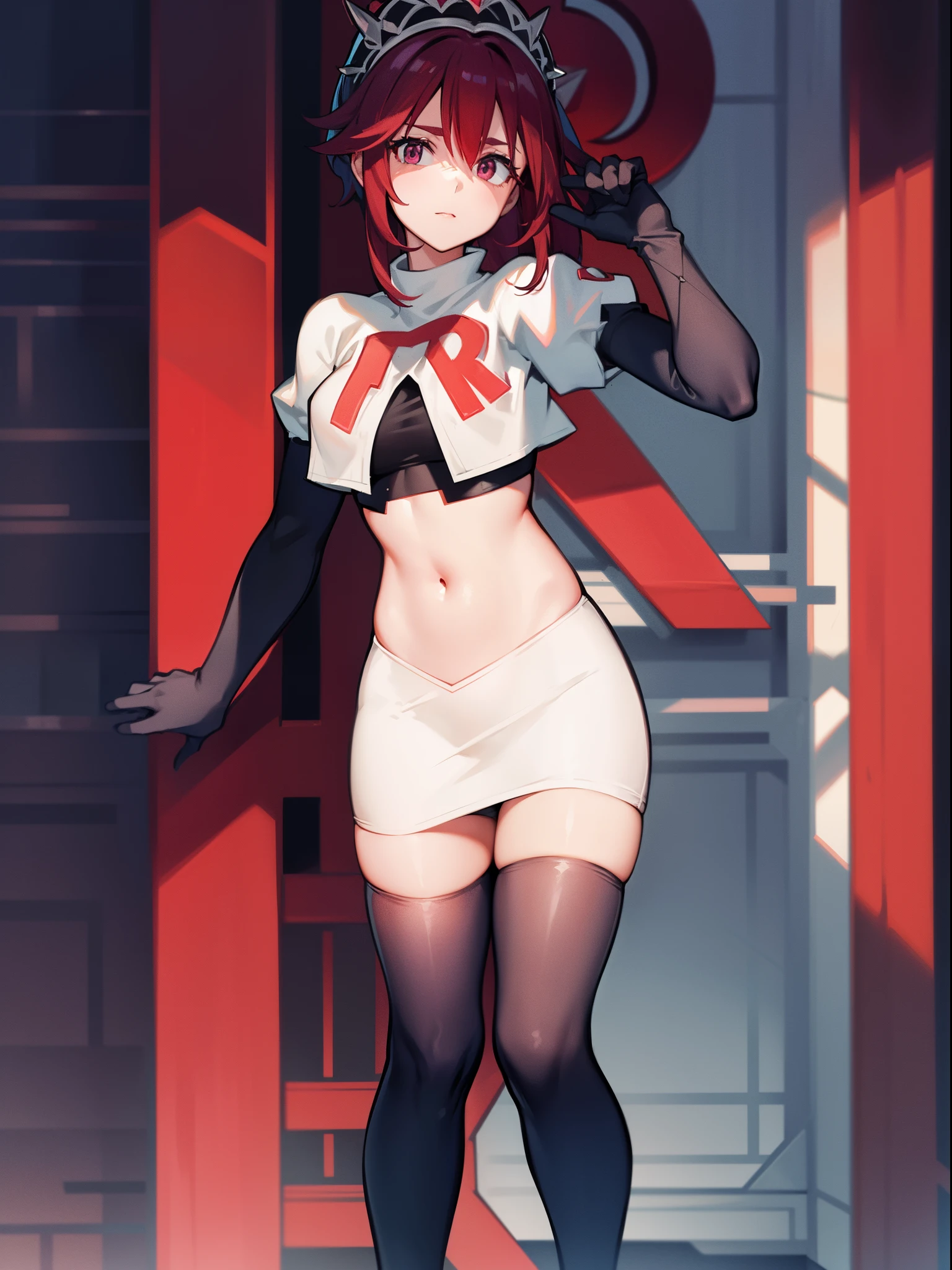 rosariarnd, team rocket,team rocket uniform, red letter R, white skirt,white crop top,black thigh-highs,black elbow gloves
