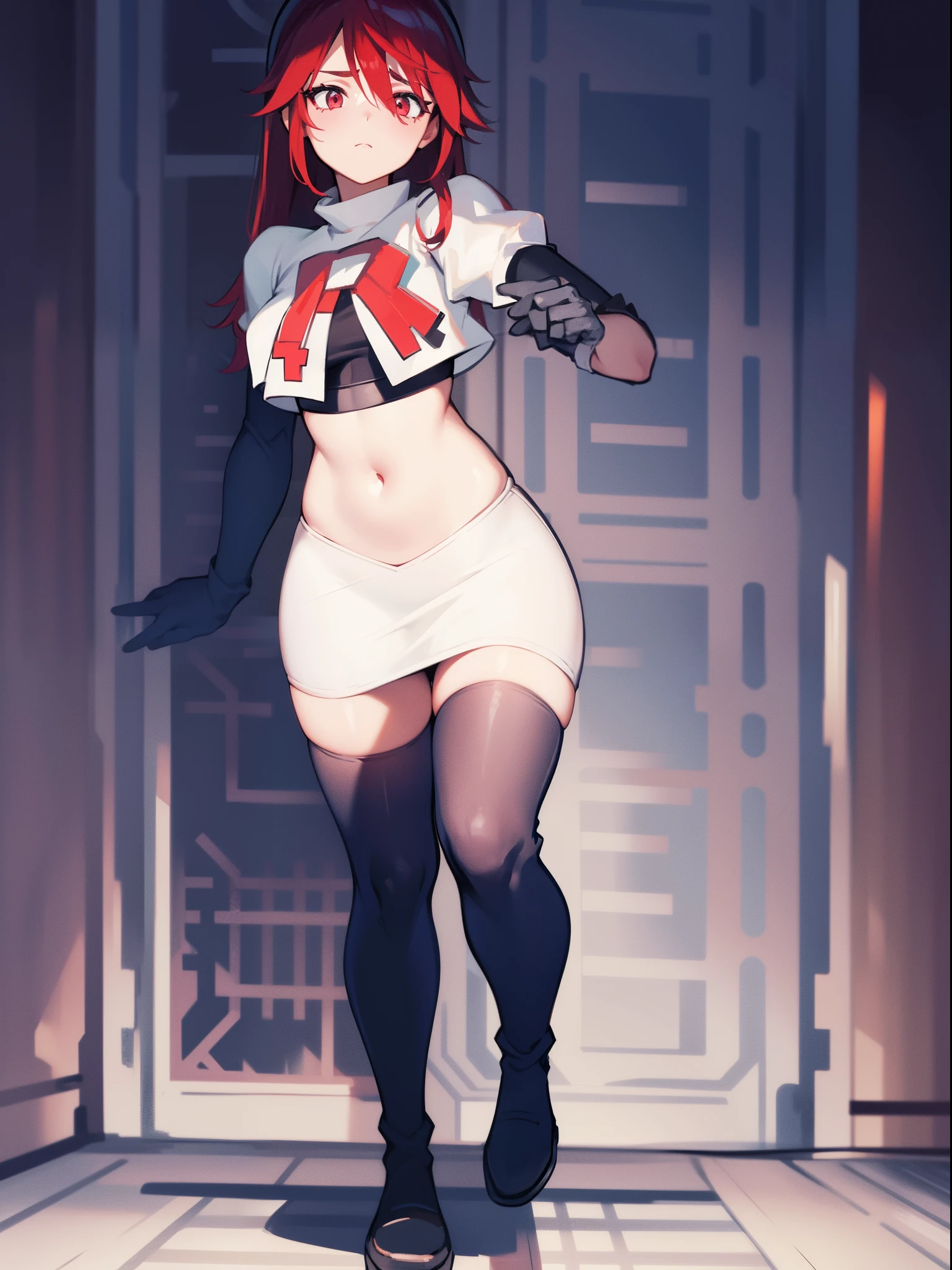 Tifa FF7, Black Hair, long hair, Red Eyes ,Glossy lips, Light makeup, Eyeshadow, earrings ,Rockets,Rockets uniform, ((Cleavage))Red letter R, White Skirt,White short top,Black over-the-knee boots, Black elbow gloves,