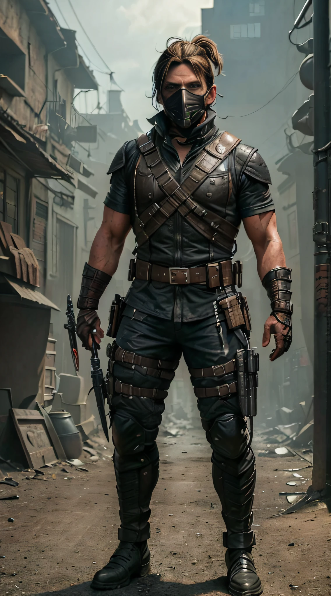 ((Bradley Cooper)) as Kabal from Mortal Kombat, solo, short ponytail, (face covered by a respirator:1.2), wears a wasteland outfit, (wields hooks:1.2), (cowboy shot), (full body view), (full body render), intricate, high detail, sharp focus, dramatic, photorealistic painting art by greg rutkowski