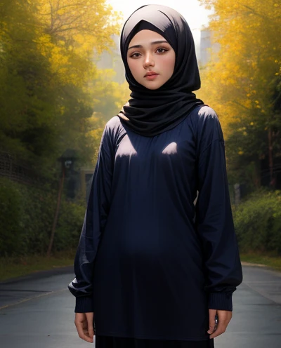 Realistic, 1girl, hijabi girl, long sleeves, parted lips, Muslimah, hijab, real, semi body view, flowers, small breasts, nature, modest clothes