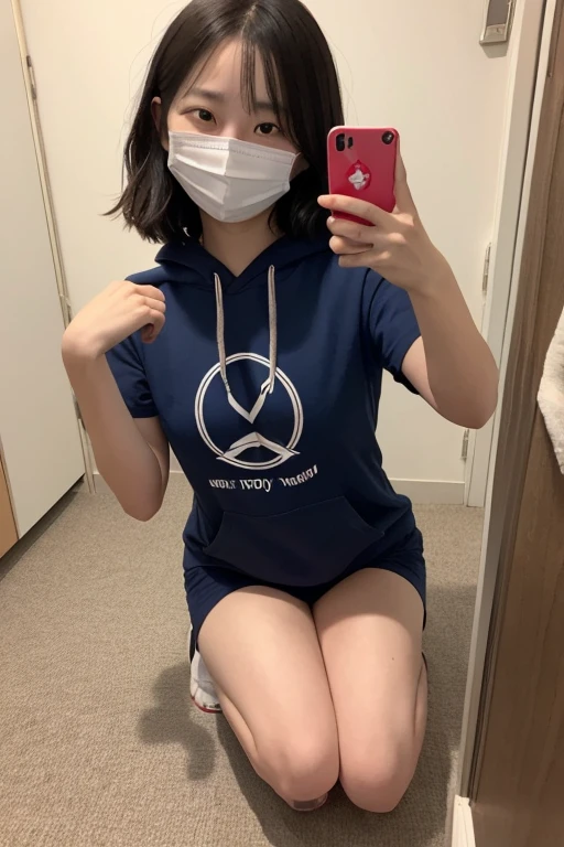 Squatting down and taking a selfie in a narrow room in a dormitory, lightly covering the mouth with the other hand, sorry for the oval face, 40-year-old Korean woman, small breasts, skinny body, random hair style, faint smile, 4 dots on the face, random veins on the chest, slight abs, navy hooded t-shirt Wearing photo taken from top to bottom. Perfect hand shape detail. Lower body is naked. Red scars on both knees.