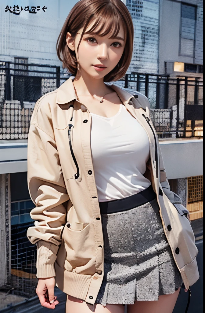 masutepiece:1.4), (Best Quality:1.4), , Extremely detailed, Convoluted, Hyper Detailed、Official art、2４Year old woman、brown bob short hair、Clean face、well-shaped nose、Wearing a short beige tight skirt、Beige short jacket for recruitment、Black innerＴThe shirt,The background is a road