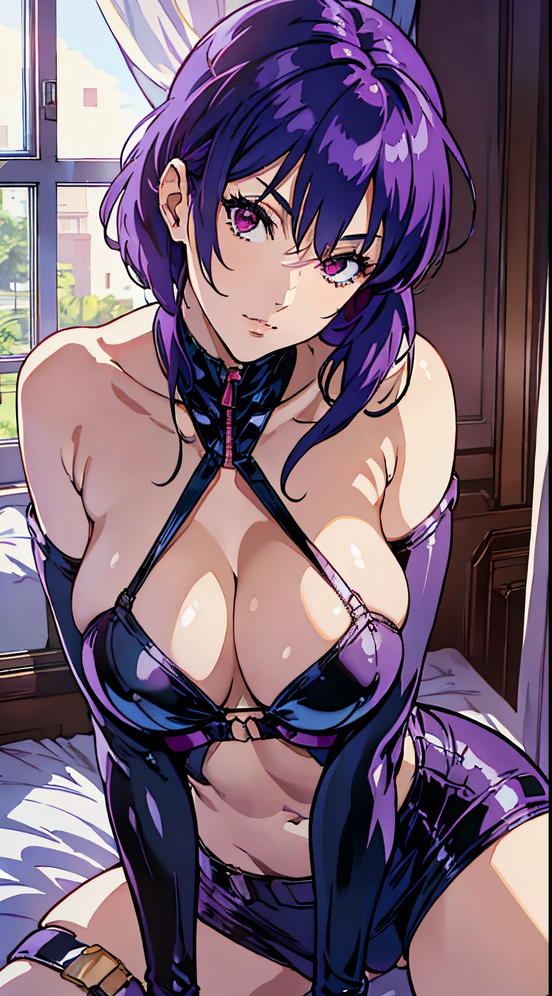 Suko Kusanagi, Purple colored hair, red eyes,Wearing a black bodysuit,anime style beautiful woman, lie on bed, (tmasterpiece, Best quality:1.2), cow boy shooting, Alone, 1 busty girl, Highest resolution,distinct_Image of a)Best quality, maam, tmasterpiece, The is very detailed, Semi-realistic, exposing her breasts, Inside the room, Modern bedroom, window, Get up, Morning, The face is red,Seductive action,Seductive expressions