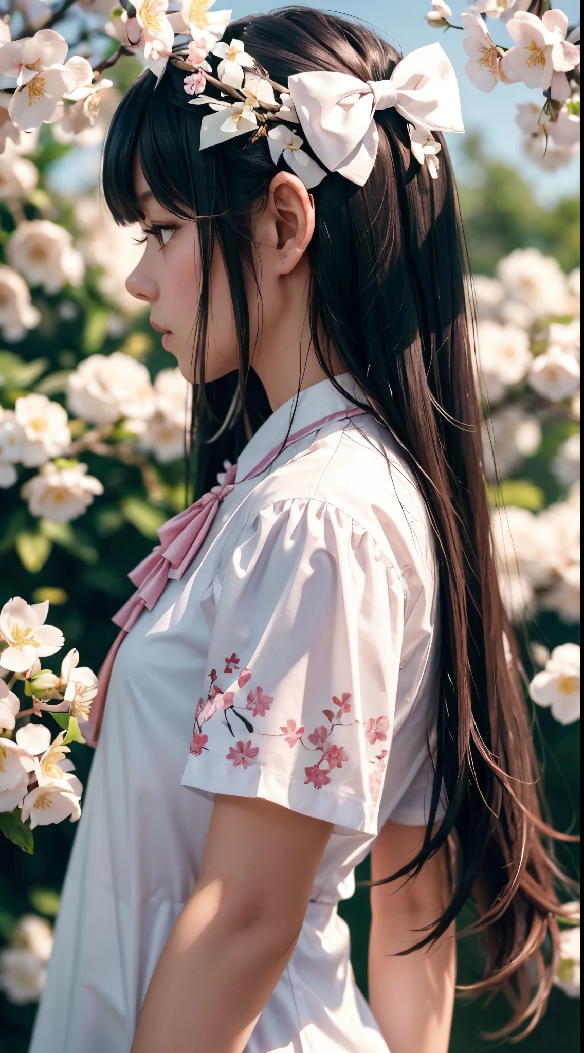 Best Quality, Master Parts, ighly detailed, 细致背景, 1girl in, soio, The long-haired, florals, white backgrounid, pink flowers, simple background, profile, The upper part of the body, The shirt, white shirt, white blossoms, the bow, fringe, fronds, red blush