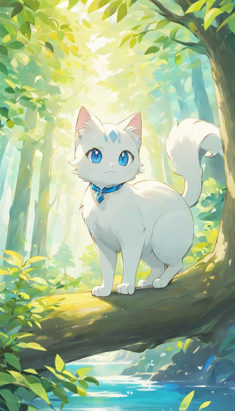 White cat、Blue eyes、sidelong glance、Inside a fantastic forest with a large lake in the background、Elegance、narrow her eyes、Fantastical、hali々and has、Condescending、Go straight towards the tree branch