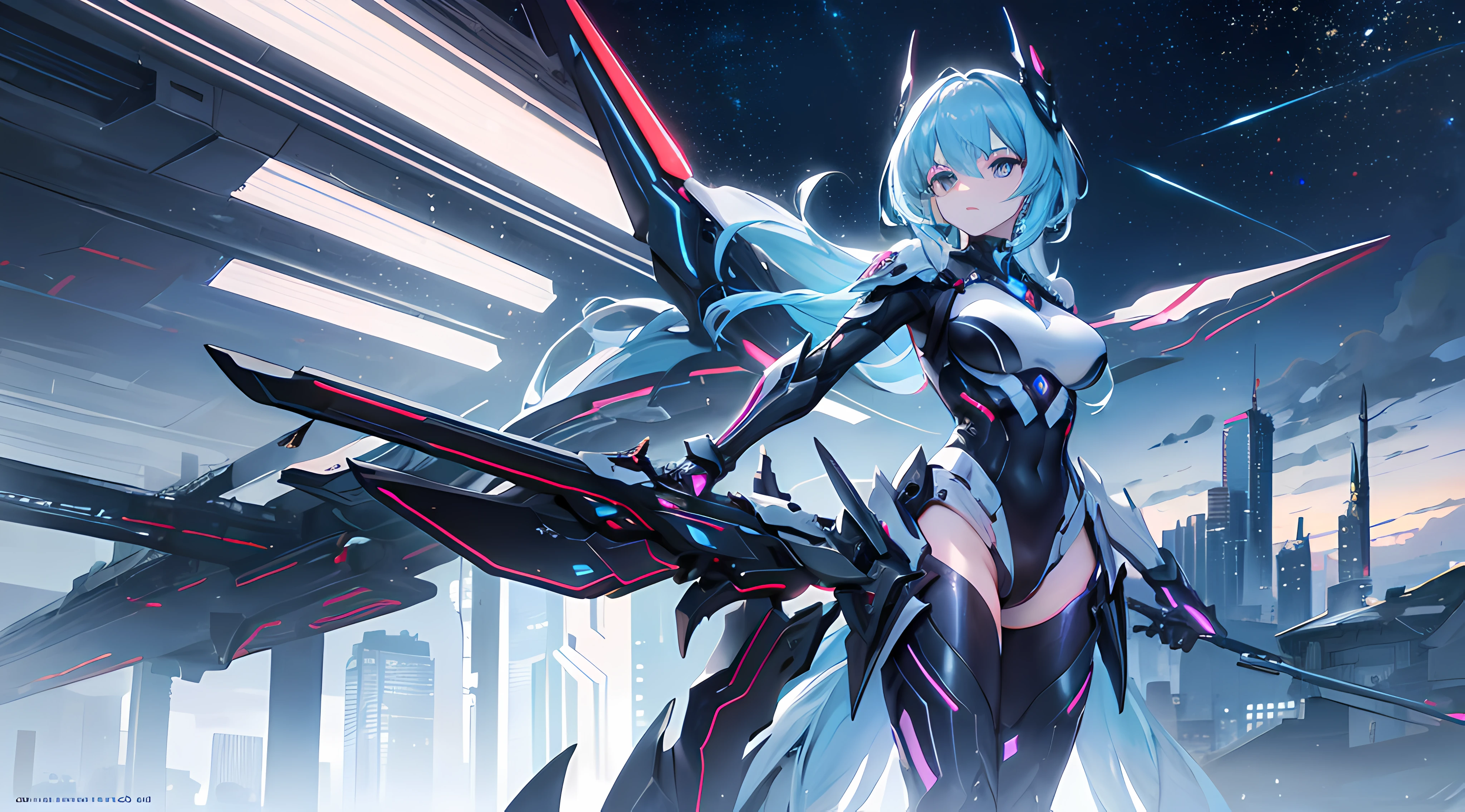 (La mejor calidad,4k,8k,Altas Resoluciones,obra maestra:1.2),ultra detallado,(realista,fotorrealista,fotorrealista:1.37),anime,Futuristic city,cielo estrellado,chica ciega futurista,vivid colors,arte conceptual,foco nítido,physically based representation,Studio lighting,Entorno detallado,perspectiva poderosa,Arquitectura impresionante,bright neon lights,dynamic composition,gran escala,Impresionante horizonte,advanced technology,floating vehicles,Anime-inspired character design,armadura detallada,armas estilizadas,Pose segura,mirada intensa,determined expression,Impressive aesthetics,elegant and stylized lines,sci-fi atmosphere,otherworldly feeling,immersive fantasy,Rich storytelling,Energy and movement,diversas influencias culturales,Sorprendente contraste entre luces y sombras.,ethereal ambiance,Fascinantes efectos visuales,estrellas brillantes,Nubes nebulosas,profundidad en capas,moda futurista,visualmente impresionante,imaginative world building