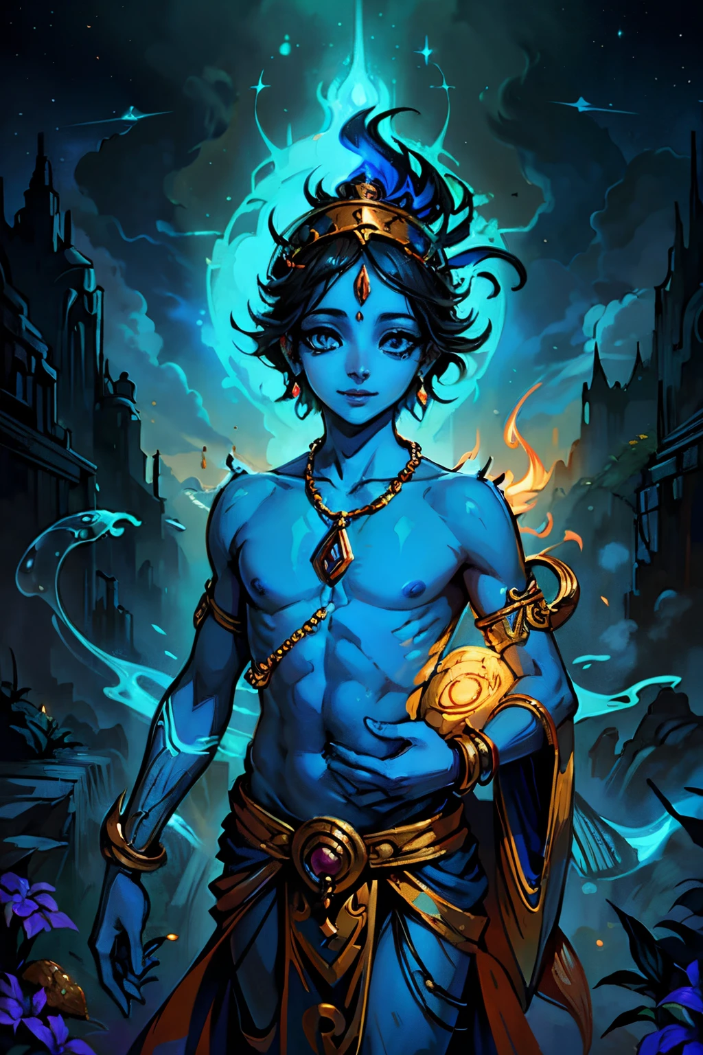 Create a captivating digital artwork featuring the divine charm of baby Lord Krishna with a blue-hued body, holding a flute in his tiny hands. Infuse the scene with an abundance of cuteness, emphasizing Krishna's innocent expression and adorable features. Pay careful attention to details in the divine attire, and ensure a warm, enchanting ambiance. Use a vibrant yet soothing color palette, accentuating the divine presence of baby Krishna in a way that radiates both sweetness and spirituality