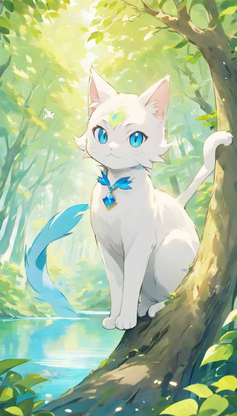 White cat、Blue eyes、sidelong glance、Inside a fantastic forest with a large lake in the background、Elegance、narrow her eyes、Fantastical、hali々and has、Condescending、Go straight towards the tree branch
