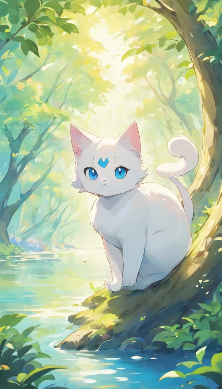 White cat、Blue eyes、sidelong glance、Inside a fantastic forest with a large lake in the background、Elegance、narrow her eyes、Fantastical、hali々and has、Condescending、Go straight towards the tree branch