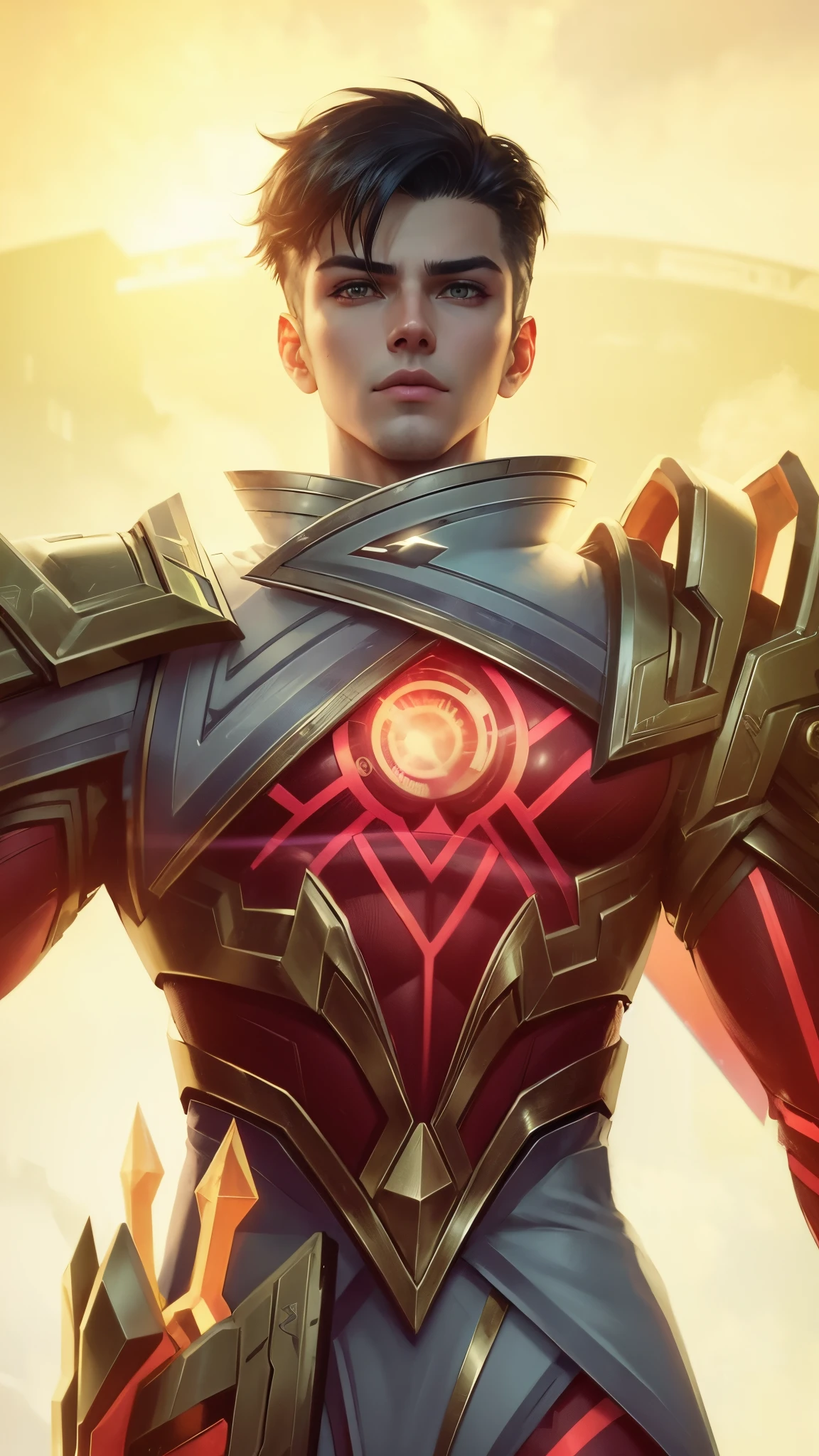 a close up of a person in a costume holding a sword, draconic looking armor, masculine male, masterpiece, ((perfect eyes)) best quality, (semirealism:1.9), beautiful lighting, (extremely detailed CG unity 4k fhd wallpaper), High Detail, Sharp focus, dramatic outdoors, 1 boy ,19 years old, black short hair, yellow eyes, fair skin.