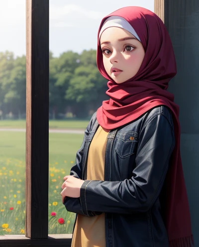 Realistic, 1girl, hijabi girl, long sleeves, parted lips, Muslimah, hijab, real, flowers, small breasts, nature, modest clothes