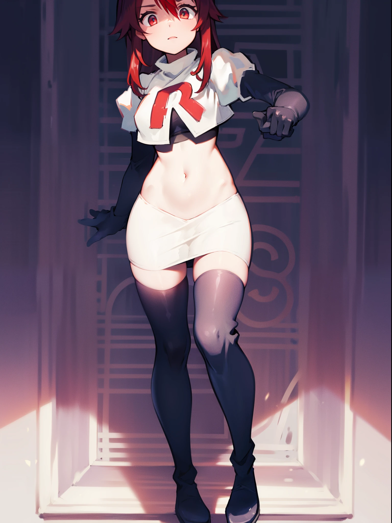 rosariarnd, team rocket,team rocket uniform, red letter R, white skirt,white crop top,black thigh-highs,black elbow gloves