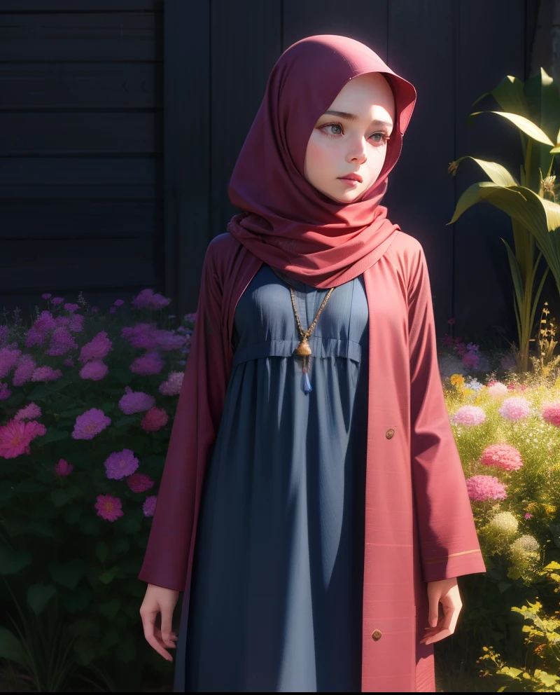 Realistic, 1girl, hijabi girl, long sleeves, parted lips, Muslimah, hijab, real, semi body view, flowers, small breasts, nature, modest clothes