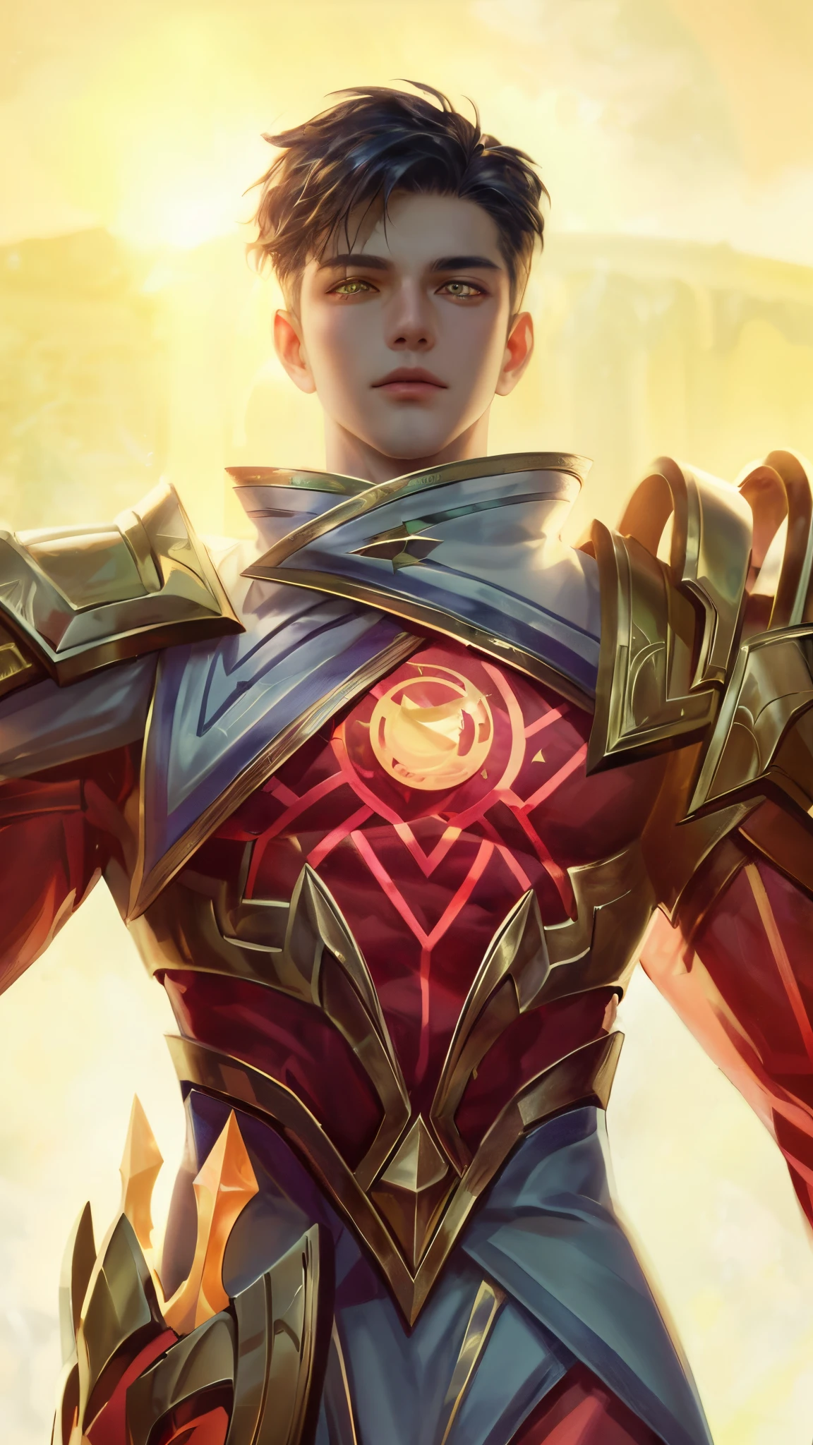 (Absurdres, Intricate Details, Masterpiece, Best Quality, High Resolution, 8k), 1 male, thin, young, aged up, masked, finely detailed eyes and face, auburn low-fade hair, amber eyes, portrait,  looking at viewer, solo, half shot, detailed background, (light fantasy theme:1.1),  focusing, mercenary,  sunshine, floating scraps,  color plate armor, divine aura, bright realistic lighting, marble castle, intense atmosphere, circlet, coat of arms,  brazier,  , Depth of Field, VFX.