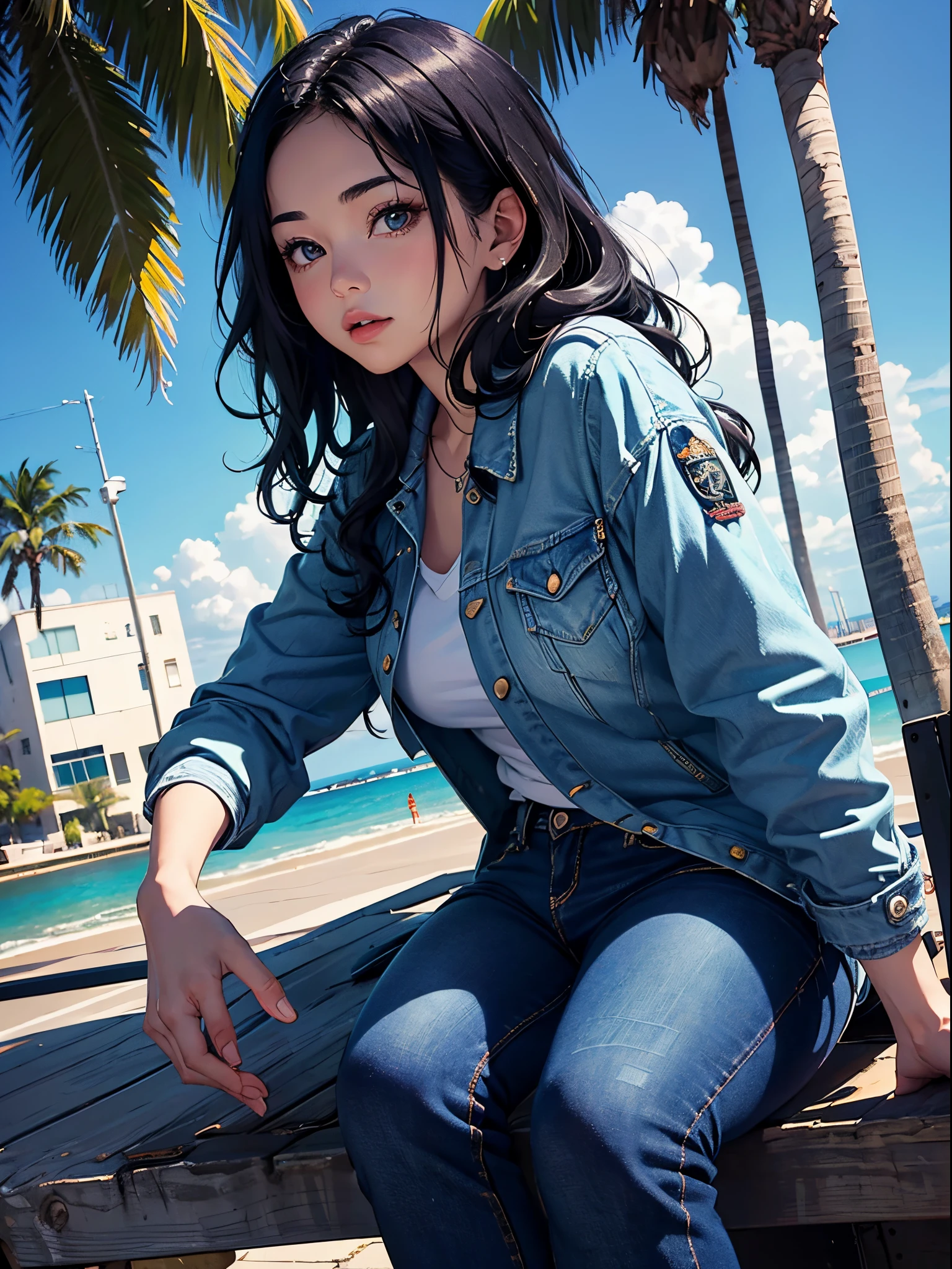 Orange and Indigo Keynote Speech、Vibrant colors、((masterpiece)))、(((top-quality)))、((ultra-detailliert))、(A hyper-realistic)、(highly detailed CGillustration)、Official art、CD cover、urbane、City Pop、Palm trees、seaside、Long Black Hair、It will be、Cool feeling、Mid summer、Stylish、glorious 1980s、Cool Beauty、cochetti gorgeous、matchless beauty、jaket、jeans、Female Solo、Perfect Angle、perfect-composition