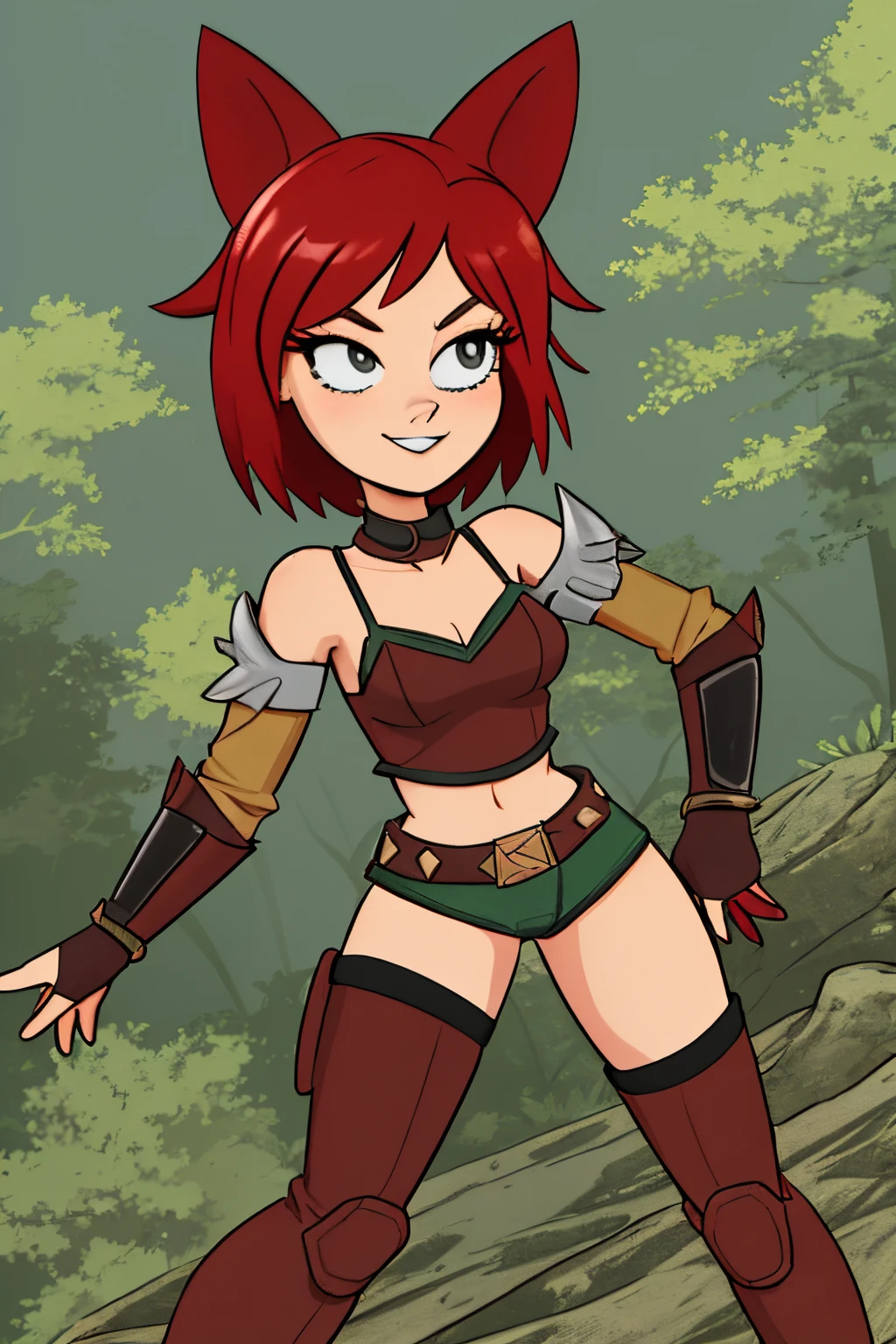 Beautiful 1girl in, fullbody, teenager, Solo,  spiky hair, disheveled spiky red hair, spiky red hair, light gray eyes,  some small freckles, pale skin, medium breasts, cleavage, runners body, (thin hips, thin waist: 1.25), (arched back:1.12), detailed skin, neutral face, mischievous smile, revealing clothes, (wearing yeux rouge, Black and red studded leather armor, Bloody sword: 1.1), (groping chest: 1.23), touching herself, (crouching: 1.22), (dark dark red fox ears:1.25), (detailed magical forest background:1.1), creek, overlooking opening in forest, 4k textures, soft light, elegant, highly detailed, sharp focus, soothing tones, insane details, intricate details, hyperdetailed, low contrast, exposure blend, hdr, faded