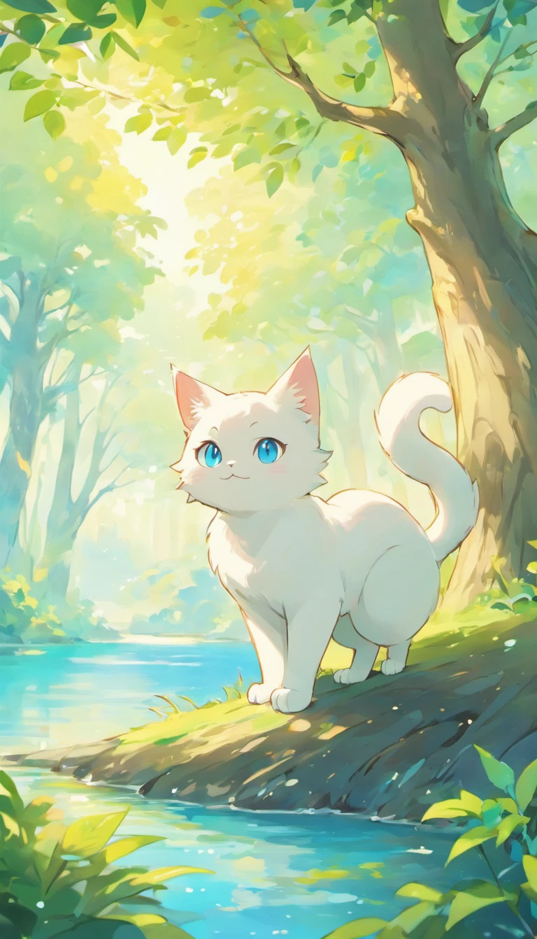 White cat、Blue eyes、sidelong glance、Inside a fantastic forest with a large lake in the background、Elegance、narrow her eyes、Fantastical、hali々and has、Condescending、Go straight towards the tree branch