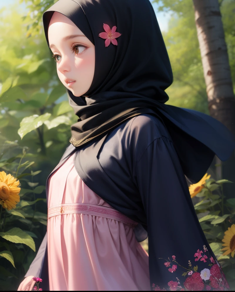 Realistic, 1girl, hijabi girl, long sleeves, parted lips, Muslimah, hijab, real, flowers, small breasts, nature, modest clothes