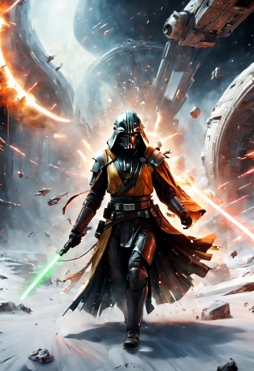 (snow art:1.4), star wars, jedi, (Motion Blur), (best composition), ultra-wide-angle, octane render, enhance, intricate, (best quality, masterpiece, Representative work, official art, Professional, unity 8k wallpaper:1.3)