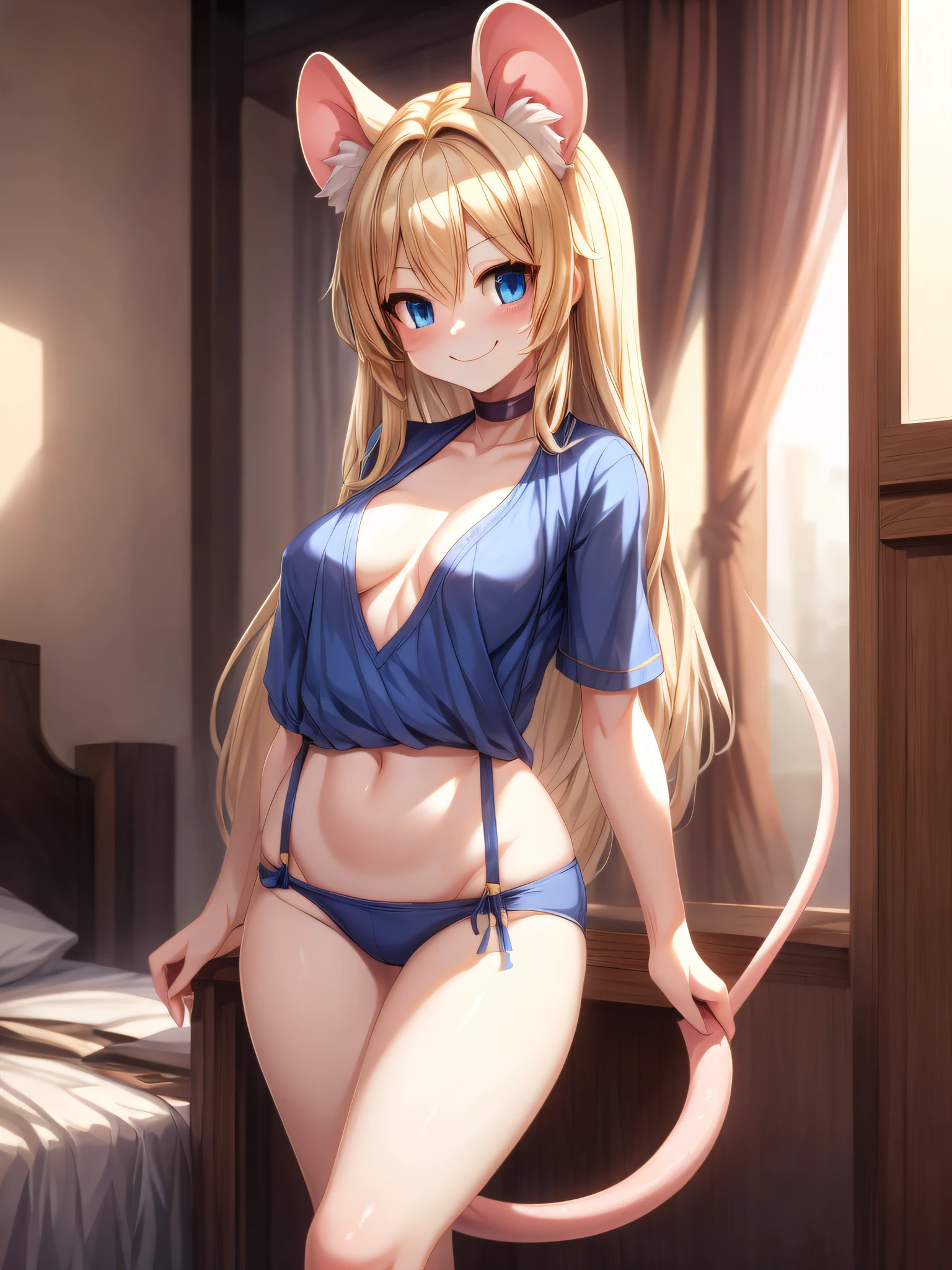 (Masterpiece) (High Detail) (High Res) A short ite humanoid girl with pale skin and long blonde hair and blue eyes and fluffy mouse ears and a fluffy blonde mouse tail and average breasts is stood alone in a bedroom smiling.