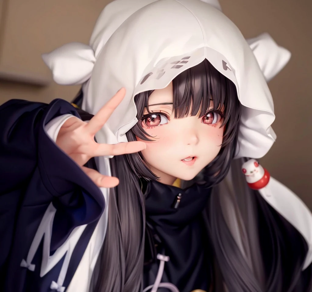 long whitr hair、Alafid girl in white hat making peace sign, Shikami, kawaii realistic portrait, Anime girl role play, black haired girl wearing hoodie, cute kawaii girls, Double ponytail white_mitts, guweiz, cute anime face, Cute and natural anime face, Belle Defin, change, ahegao face, Cute Anime Girls