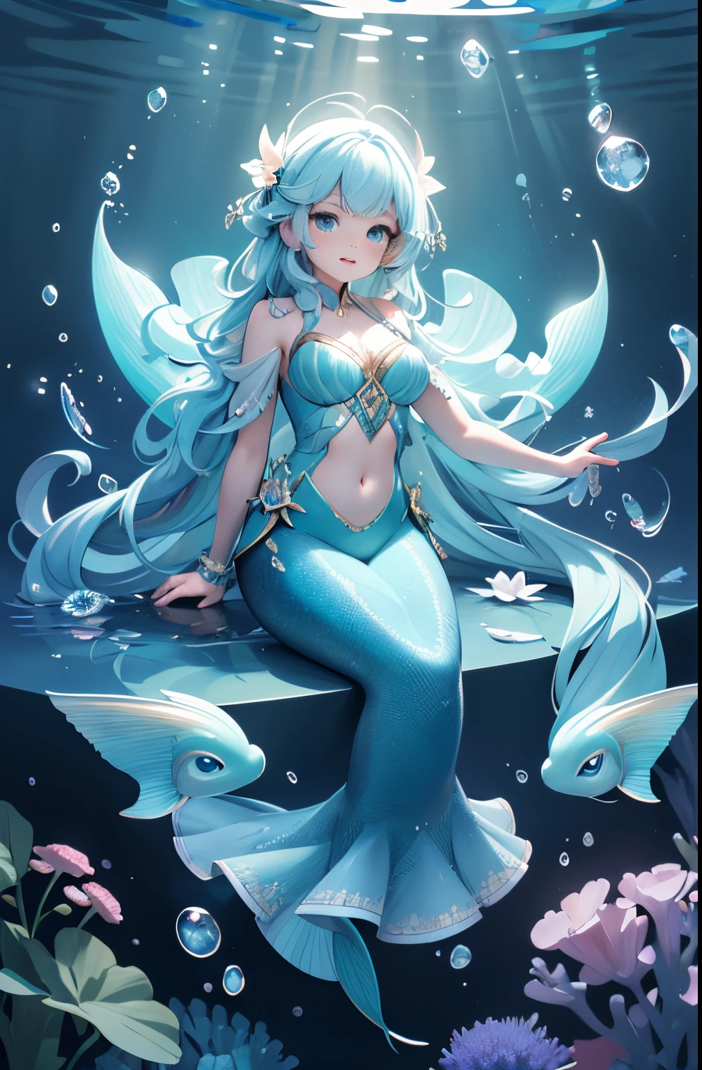 Q version,( Huang Li , high high quality , ultra - detailed, Be careful when drawing by hand ) mature , Water Goddess , under the ocean , mermaids , Mermaid tail , marine blue eyes ( Eyes detailed ) , lightblue hair , with long coiled hair , Shiny , aquatic creature , blooming flower , Full body lesbian . Pure and gorgeous .gentlesoftlighting, tmasterpiece, Best quality at best, iintricate, particle effect, The content is very detailed, concept-art, smooth private parts, dramatic lights, Very detailed artwork, Cinematic, hyperrealistic painting,