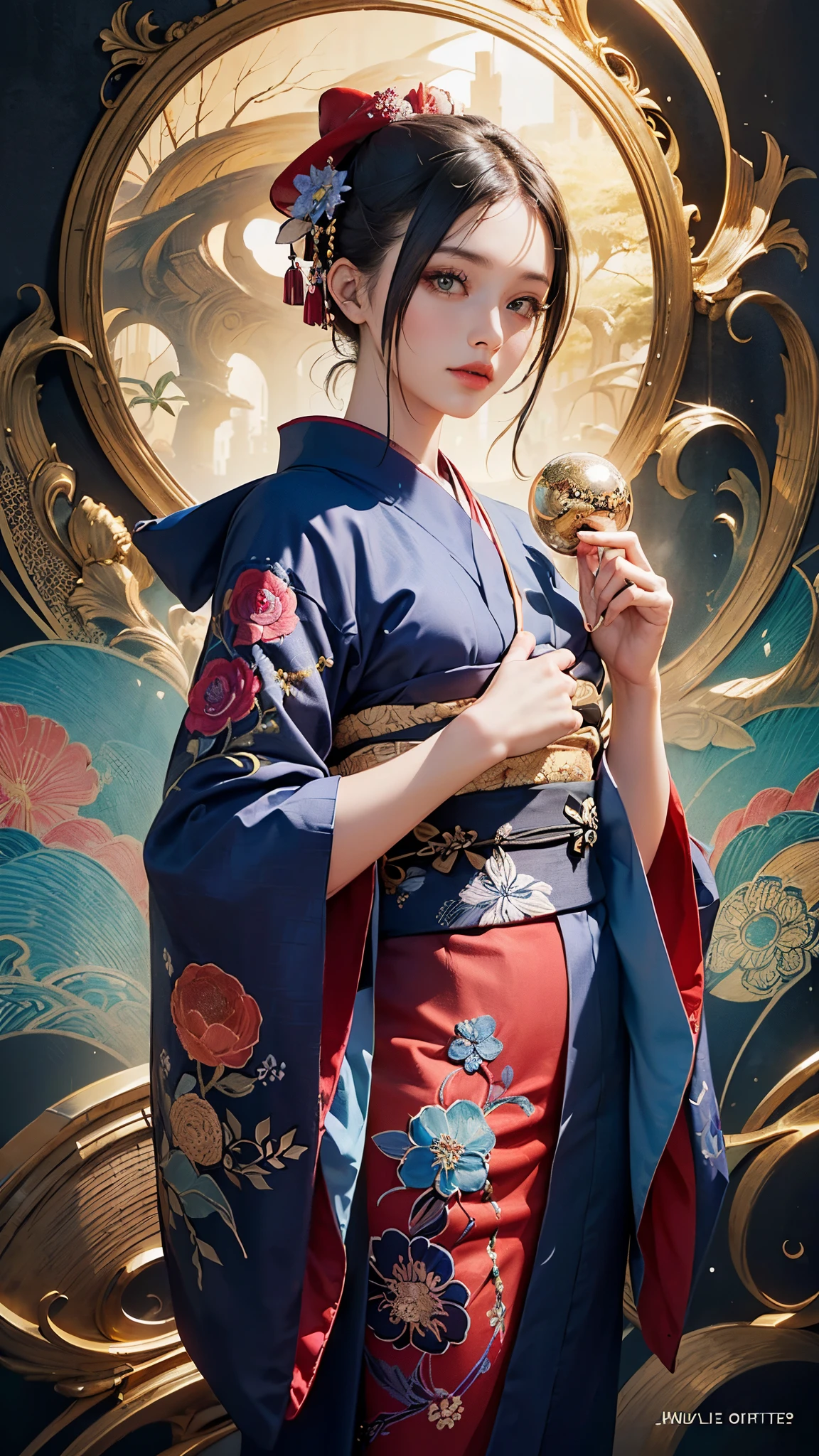 (masterpiece, top quality, best quality, official art, beautiful and aesthetic:1.2), (1girl),elaborate costume(Luxurious Japan kimono(Colorful kimono(detailed embroidery))), extreme detailed,(Fractal art),colorful,highest detailed,Mandala in the background