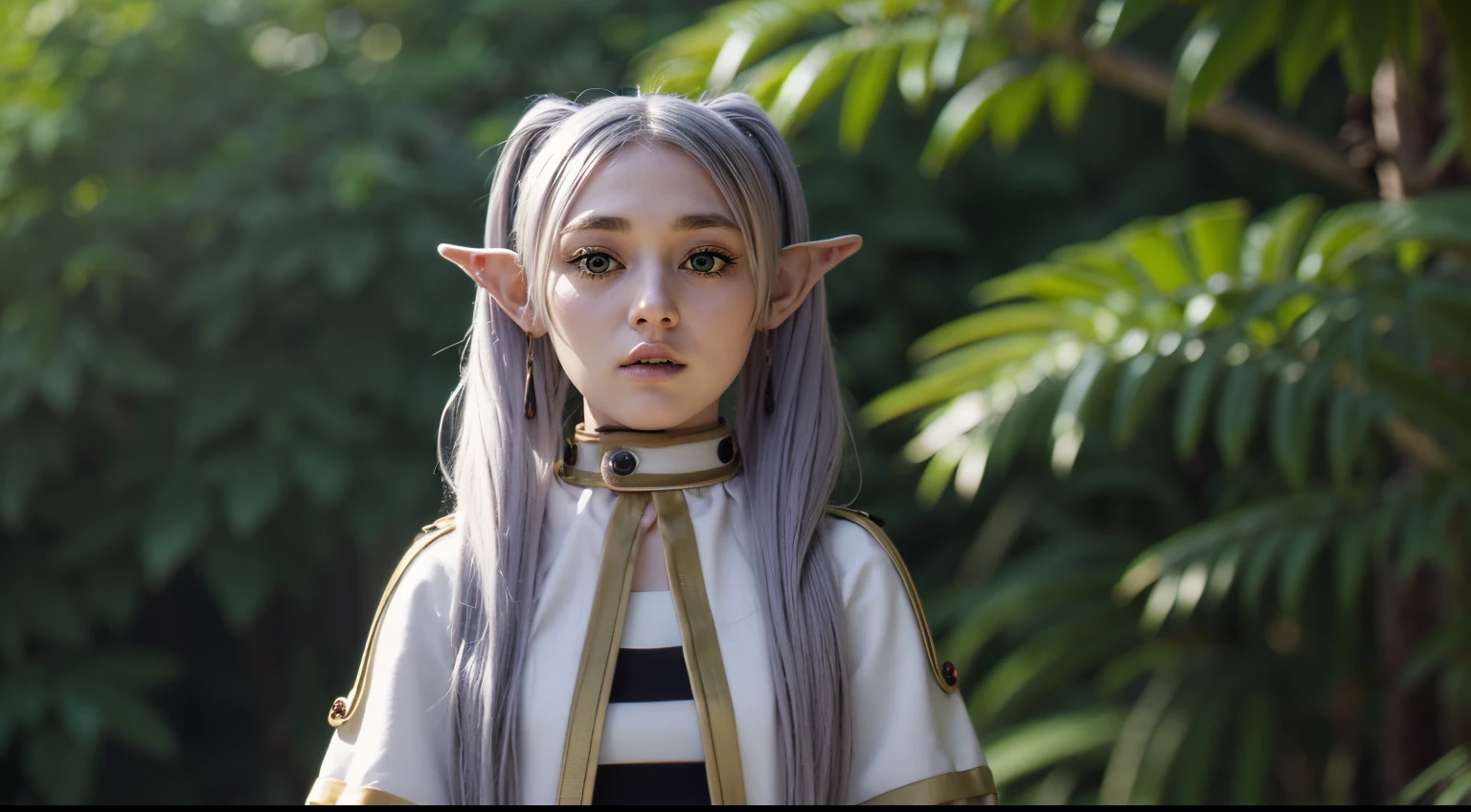 cosmieyes, frieren, frieren, long hair, twintails, (green eyes:1.5), grey hair, pointy ears, elf, shirt, long sleeves, jewelry, pantyhose, earrings, striped, black pantyhose, capelet, striped shirt, looking at viewer, upper body, outdoors, sky, nature, (masterpiece:1.2), best quality, high resolution, unity 8k wallpaper, (beautiful detailed eyes:1.6), extremely detailed face, perfect lighting, extremely detailed CG, (perfect hands, perfect anatomy)