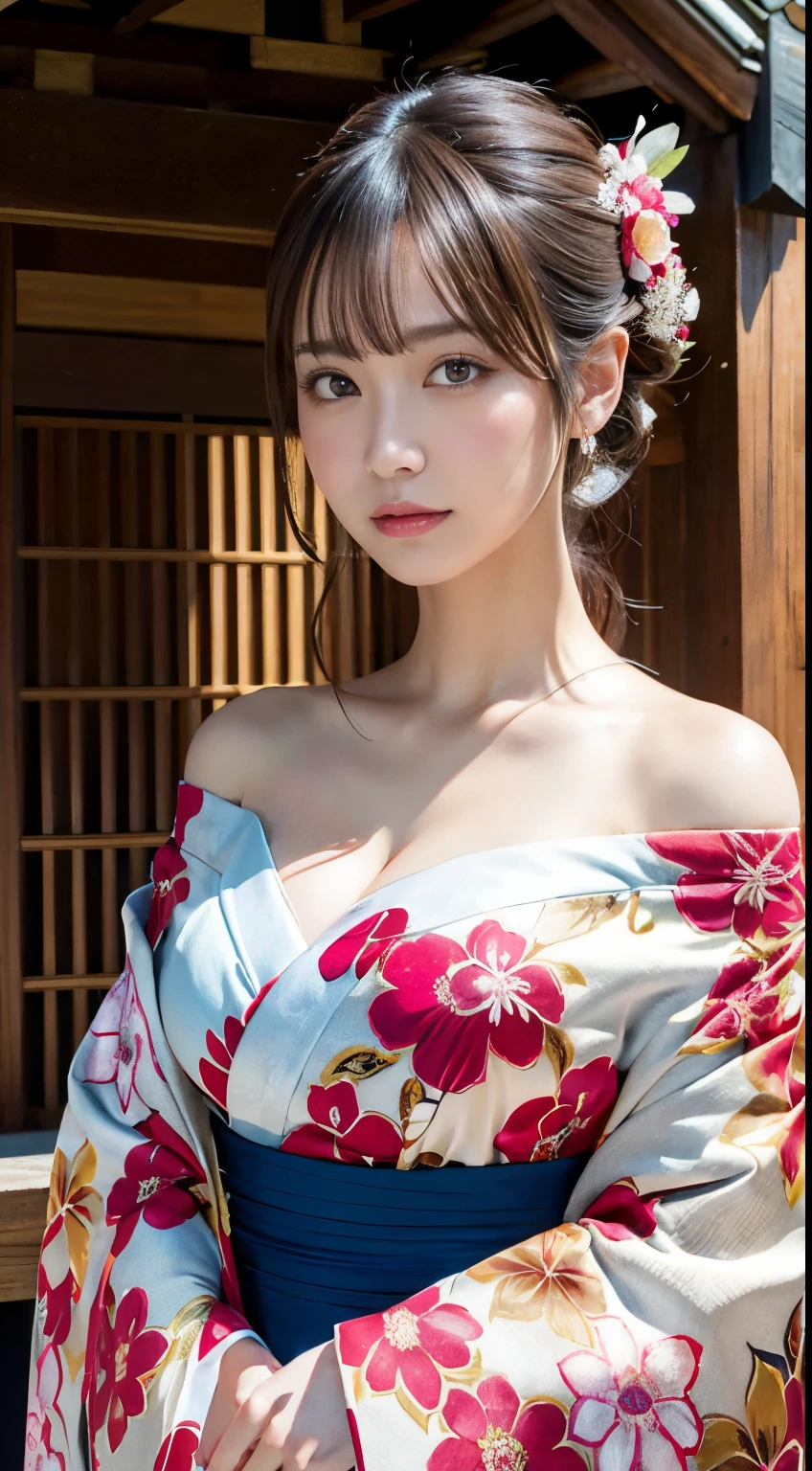 masutepiece, Best Quality, Illustration, Ultra-detailed, finely detail, hight resolution, 8K Wallpaper, Perfect dynamic composition, Beautiful detailed eyes, Kimono, Off-shoulder, cleavage