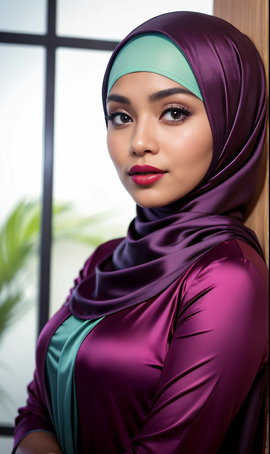 Half body portrait of a 33 years old malay woman sit in front of giant mirror, wearing hijab, wearing a fit purple satin blouse with satin green slack, narrow waist, indoor shot, looking up at coffee shop sign, soft lighting, smirk face, circle bokeh , big breast, catwalk, morningtime, surrounded by a comfortable, cool atmosphere, looking at the viewer. (Skin details:1.3), hairy hands, Hijab, slim, red lips, seductive with bokeh camera background
