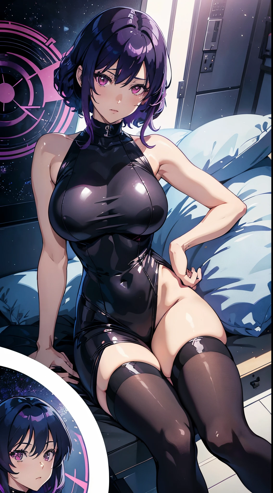 kusanagi motoko, Purple colored hair, red eyes,Anime style woman wearing black tights， anime《Fantasma na Concha》Curly, kusanagi, Misato Katsuragi, Inspired by Morikage Hisumi, anime, Fantasma na Concha, Ghost in the Shell style,seductive anime girls, Anime cute art style, smooth anime cg art, thicc, Anime girl wearing black dress, photorealistic anime girl rendering, ECCHI anime style, realistic anime 3D style, attractive anime girls, noire moody scene, [ 4K digital art ]!!