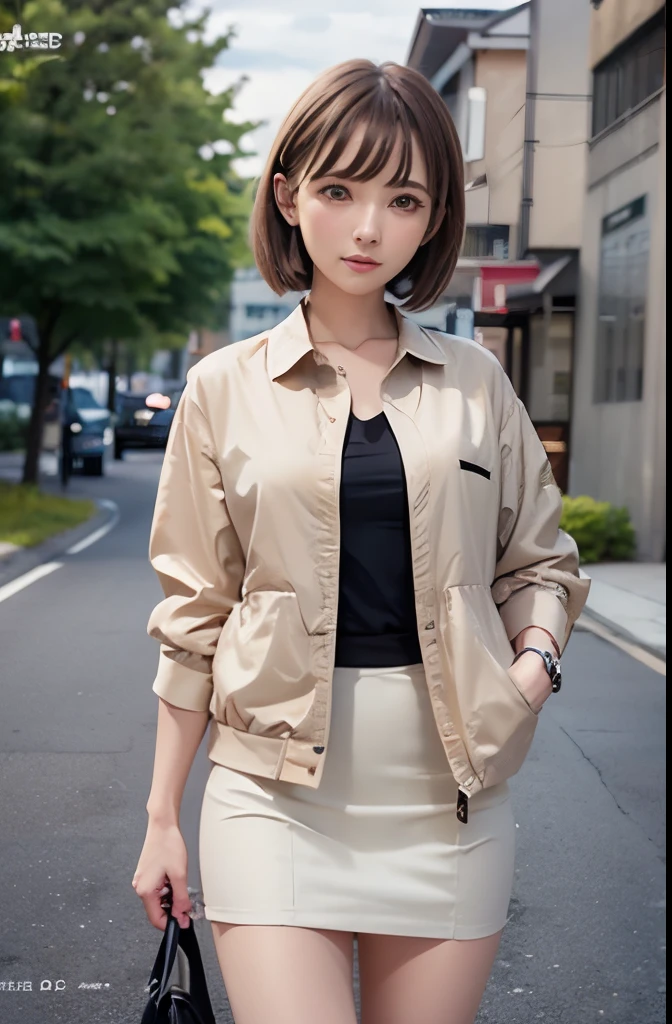 masutepiece:1.4), (Best Quality:1.4), , Extremely detailed, Convoluted, Hyper Detailed、Official art、2４Year old woman、brown bob short hair、Clean face、well-shaped nose、Wearing a short beige tight skirt、beige silk short jacket、Black innerＴThe shirt,The background is a road