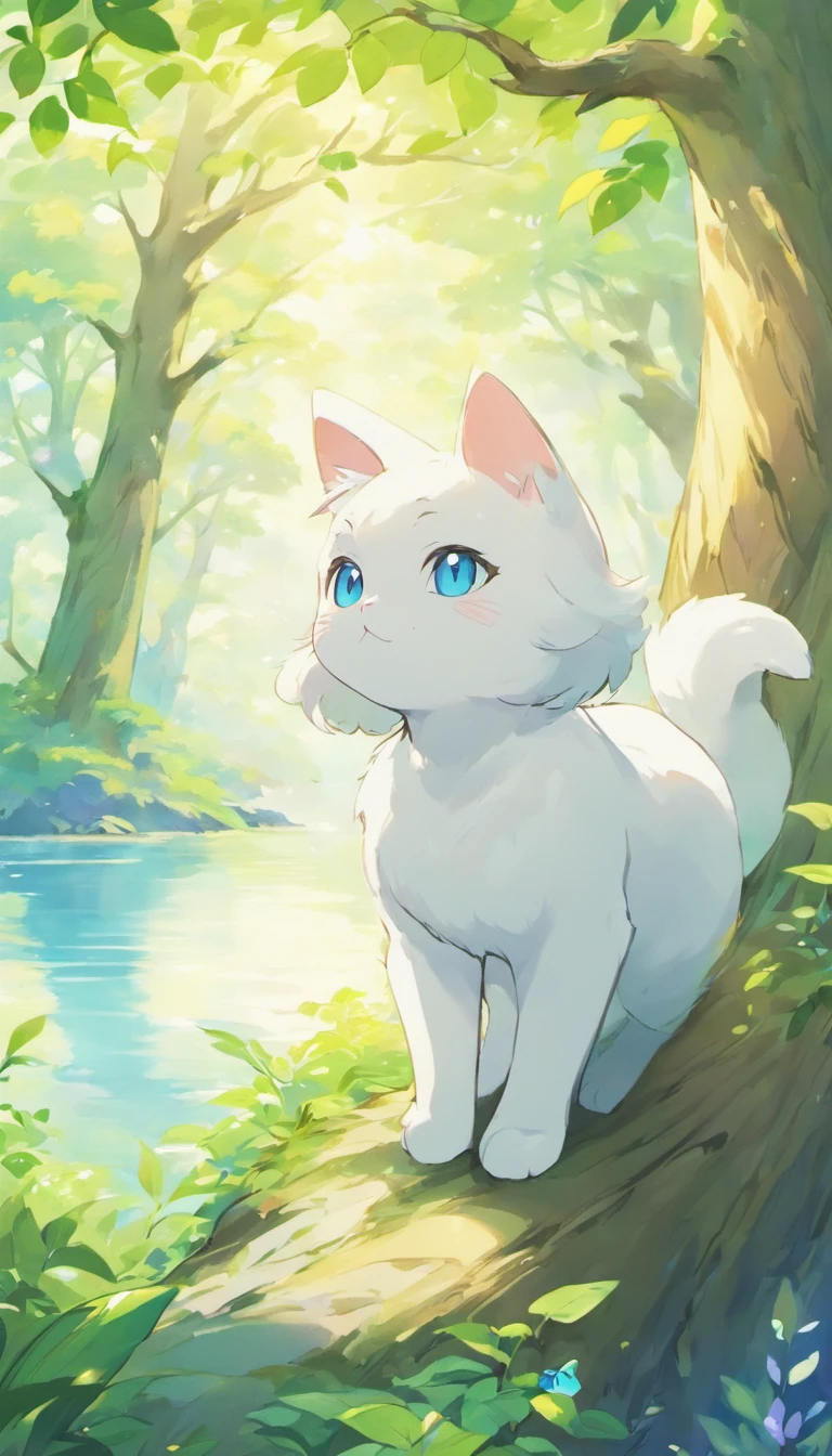 White cat、Blue eyes、sidelong glance、Inside a fantastic forest with a large lake in the background、Elegance、narrow her eyes、Fantastical、hali々and has、Condescending、Go straight towards the tree branch