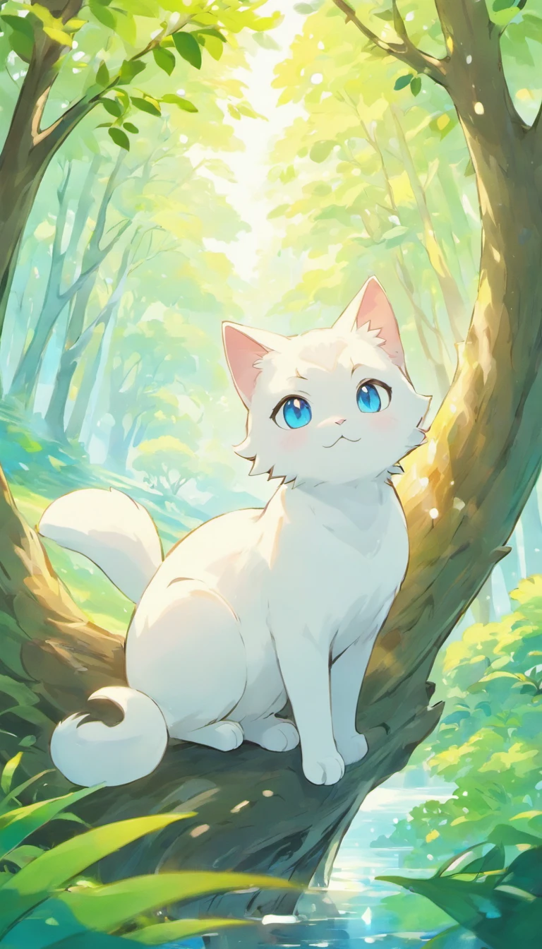 White cat、Blue eyes、sidelong glance、Inside a fantastic forest with a large lake in the background、Elegance、narrow her eyes、Fantastical、hali々and has、Condescending、Go straight towards the tree branch
